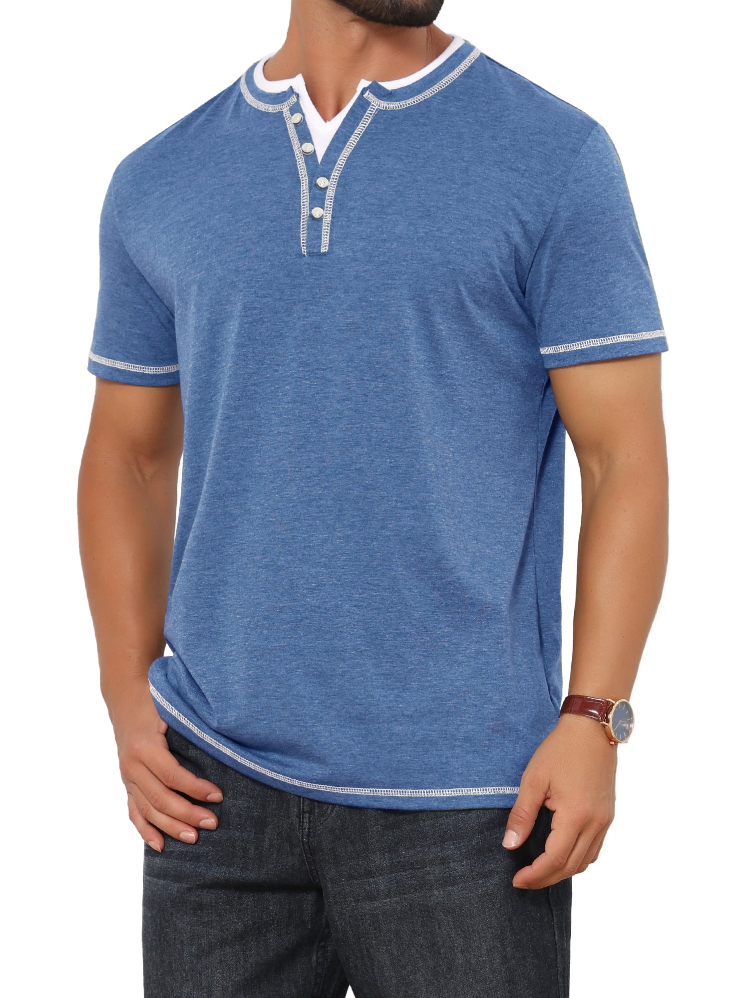 DARING DIVA Men's Henley V-Neck Colorblock Button Down Short Sleeve T-Shirt S Blue
