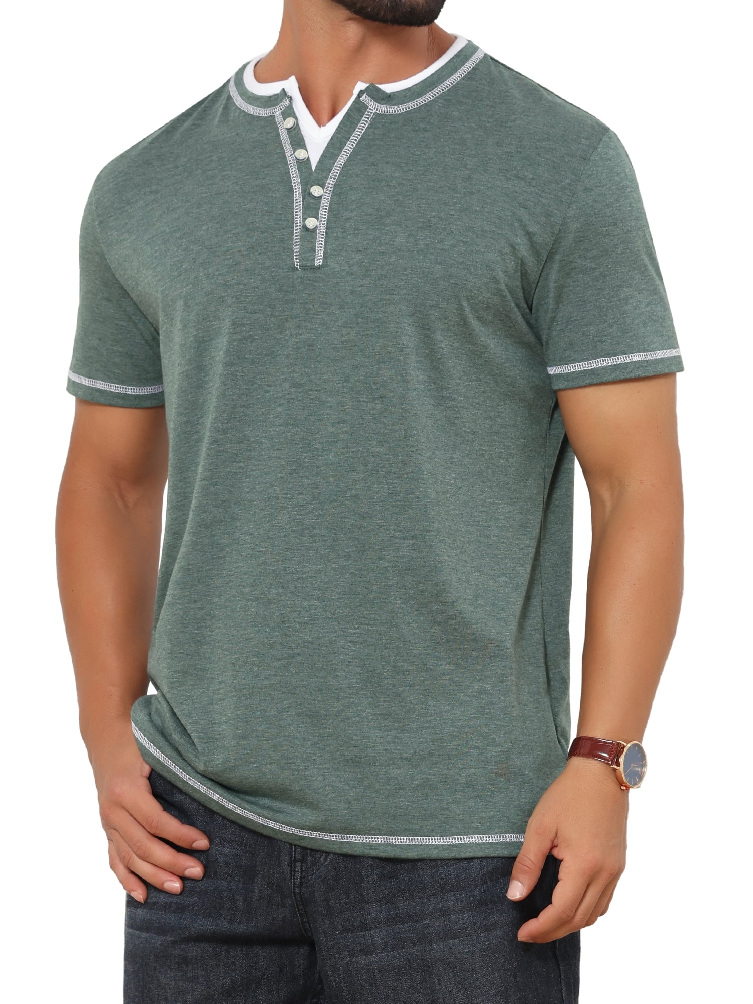 DARING DIVA Men's Henley V-Neck Colorblock Button Down Short Sleeve T-Shirt S Green