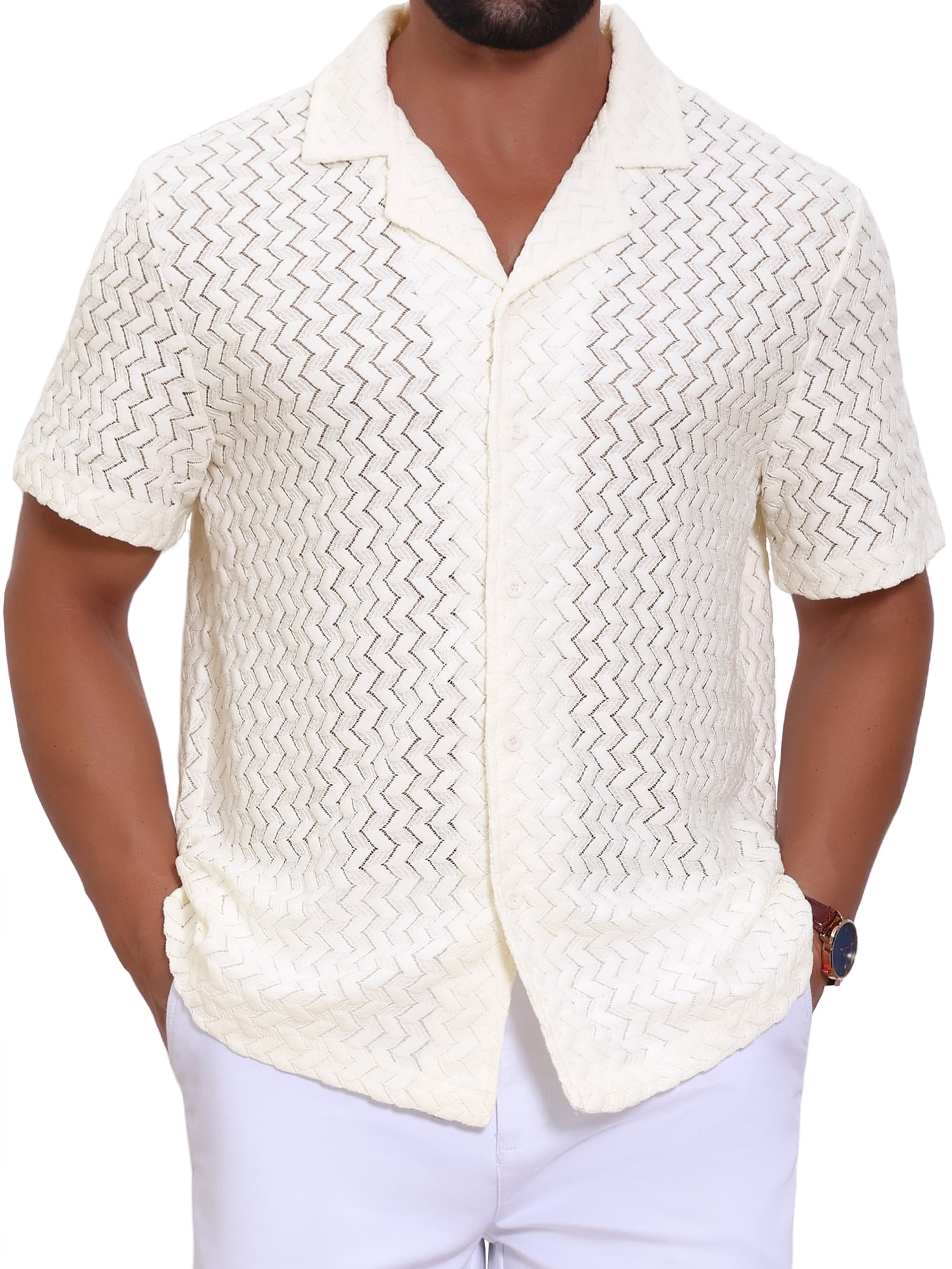 DARING DIVA Men's Hollow Jacquard Camp Collar Short Sleeve Beach Texture Shirts 2XL Beige