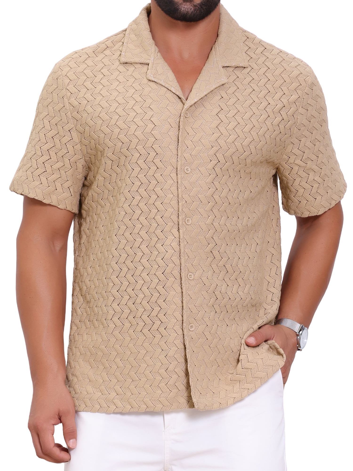 DARING DIVA Men's Hollow Jacquard Camp Collar Short Sleeve Beach Texture Shirts 2XL Khaki