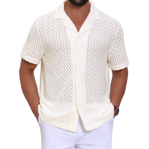 DARING DIVA Men's Hollow Jacquard Camp Collar Short Sleeve Beach Texture Shirts M Beige