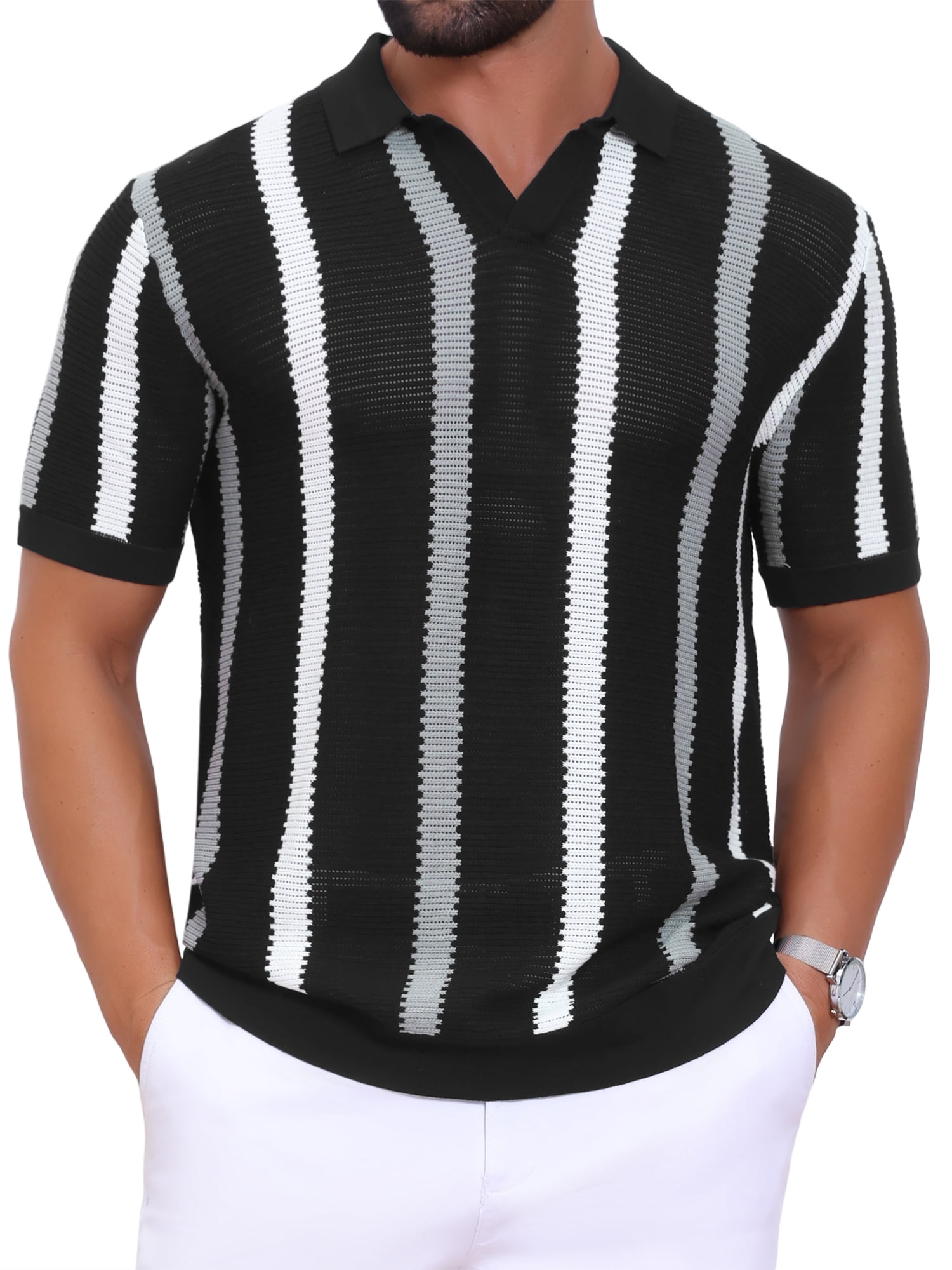 DARING DIVA Men's Hollow Knit Polo Shirt V Neck Short Sleeve Golf Polo Shirts XL Black