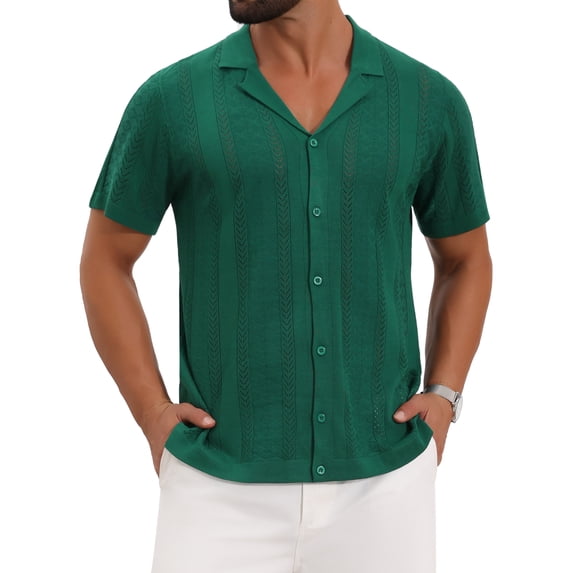 DARING DIVA Men's Hollow Knitted Shirt Short Sleeve Button Down Striped Shirts L Green