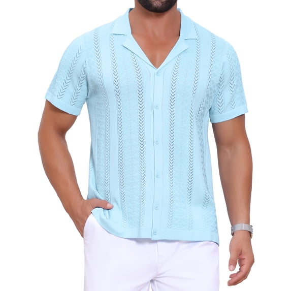 DARING DIVA Men's Hollow Knitted Shirt Short Sleeve Button Down Striped Shirts M Blue