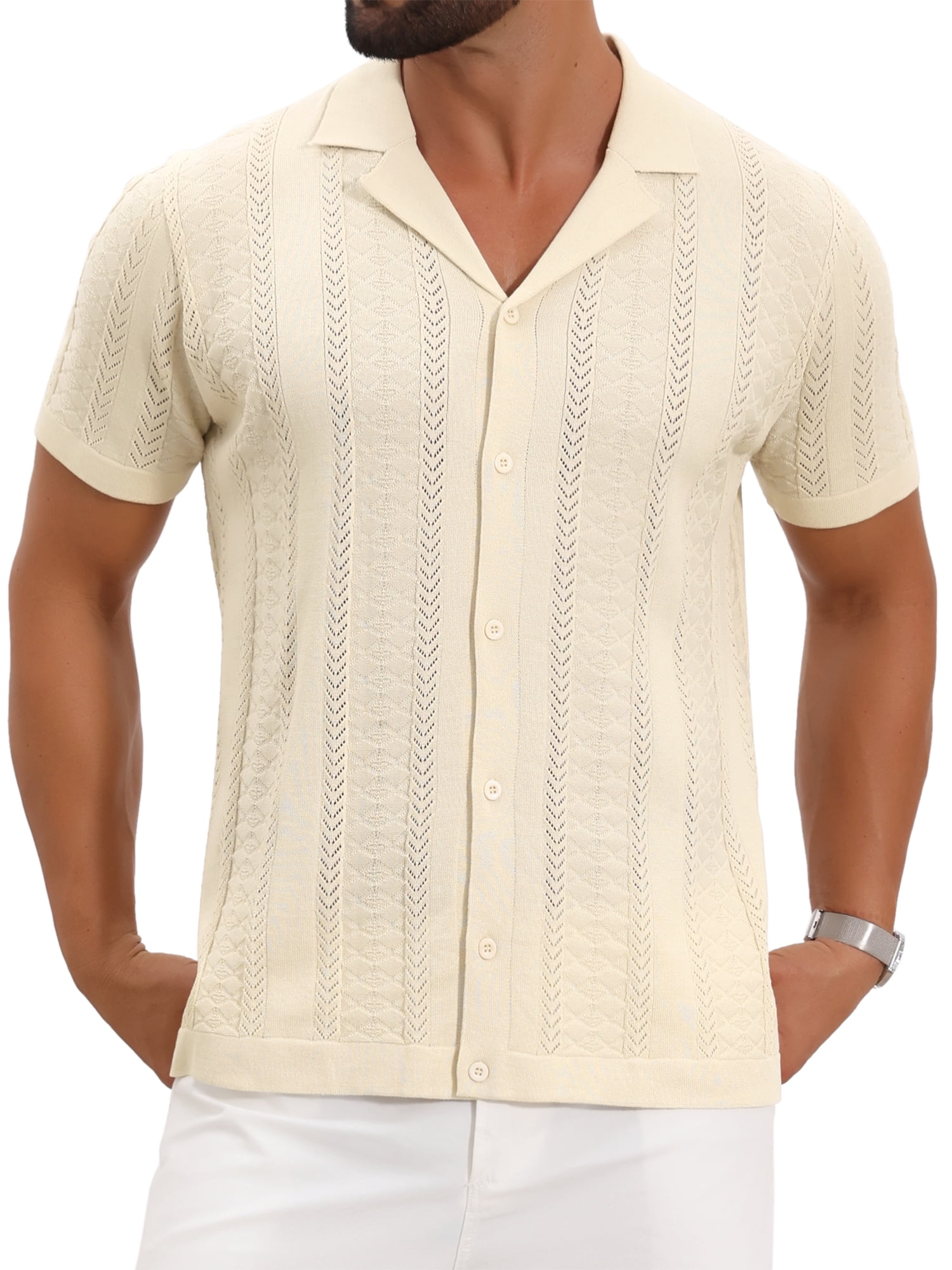 DARING DIVA Men's Hollow Knitted Shirt Short Sleeve Button Down Striped Shirts XL Beige