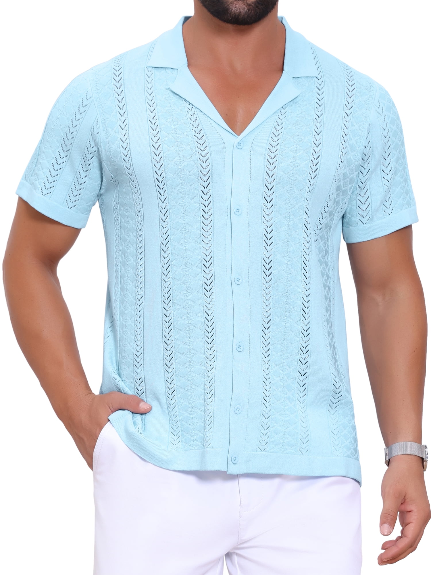 DARING DIVA Men's Hollow Knitted Shirt Short Sleeve Button Down Striped Shirts XL Blue