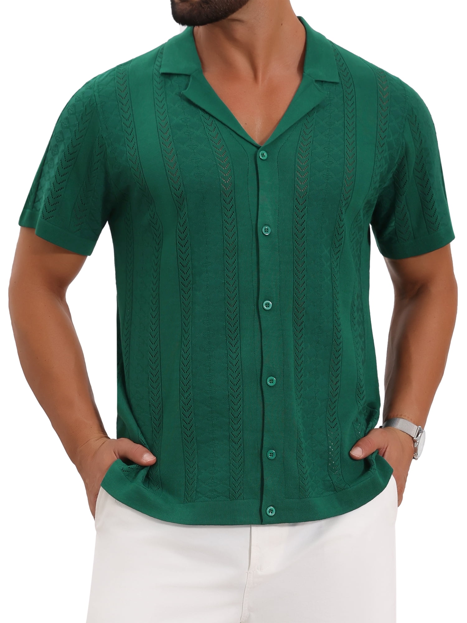 DARING DIVA Men's Hollow Knitted Shirt Short Sleeve Button Down Striped Shirts XL Green