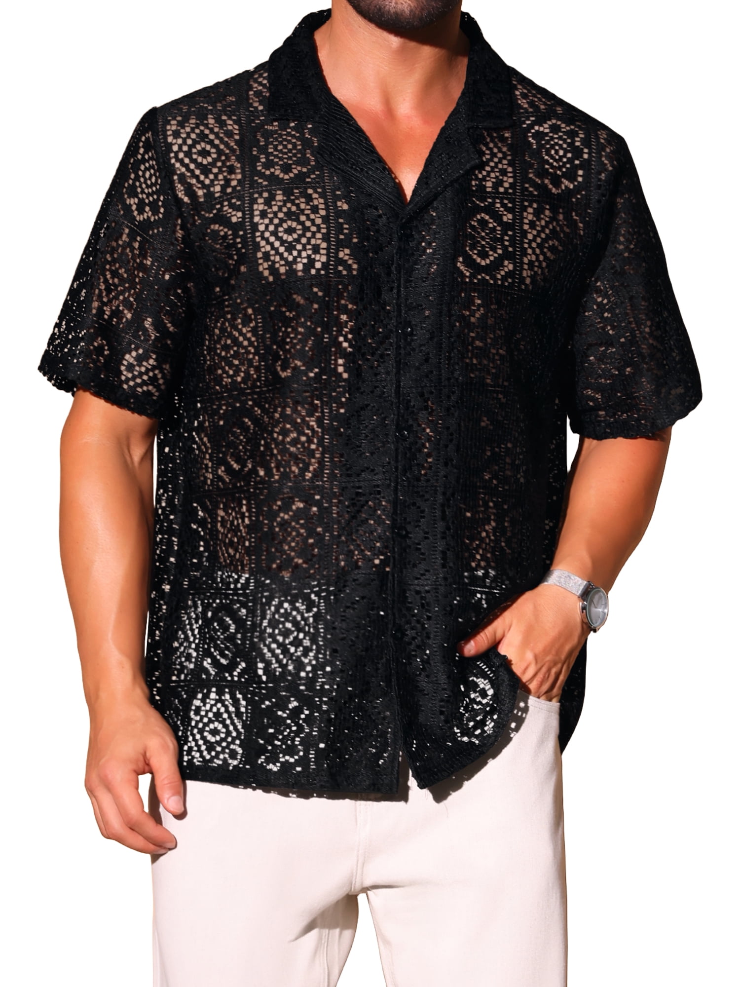 DARING DIVA Men's Hollow Lace Button Down Short Sleeve See Through Mesh Shirts S Black