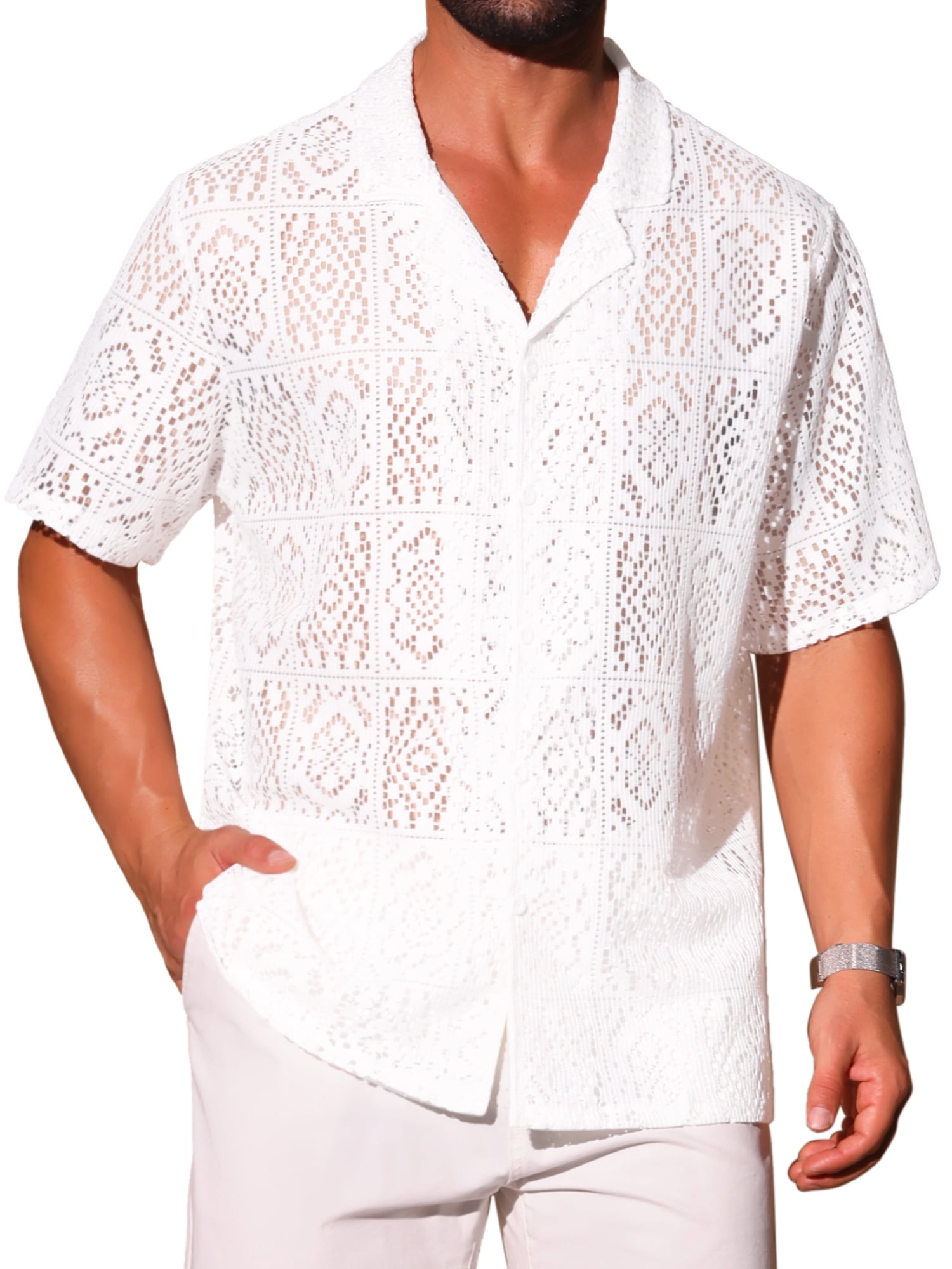 DARING DIVA Men's Hollow Lace Button Down Short Sleeve See Through Mesh Shirts S White