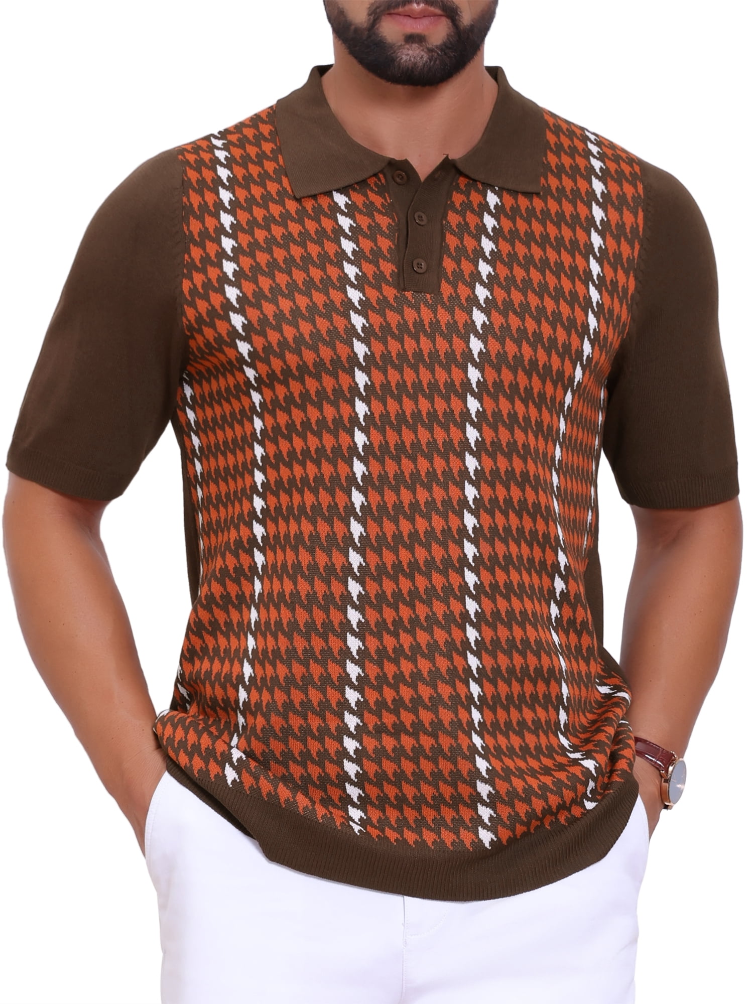 DARING DIVA Men's Houndstooth Summer Short Sleeve Casual Knit Polo Shirt L Brick Red