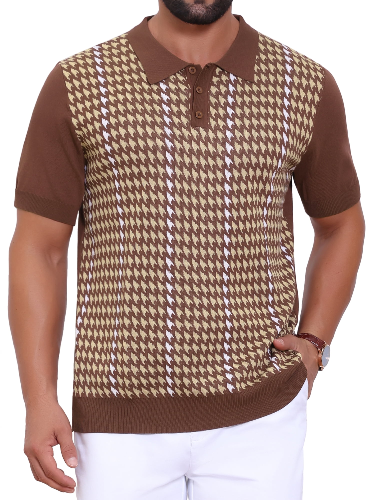 DARING DIVA Men's Houndstooth Summer Short Sleeve Casual Knit Polo Shirt M Brown