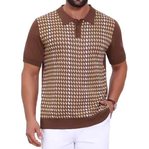 DARING DIVA Men's Houndstooth Summer Short Sleeve Casual Knit Polo Shirt M Brown