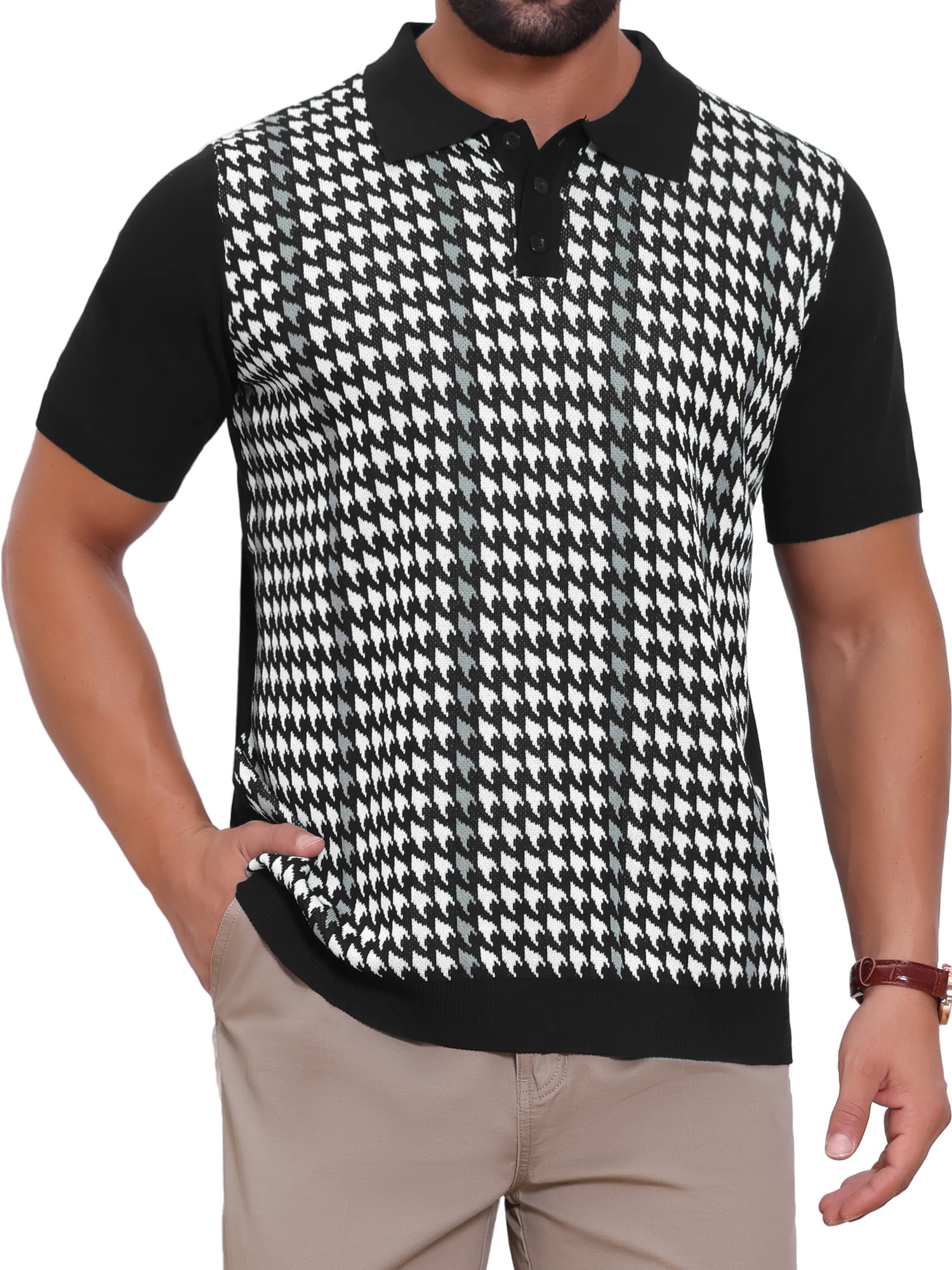 DARING DIVA Men's Houndstooth Summer Short Sleeve Casual Knit Polo Shirt S Black White