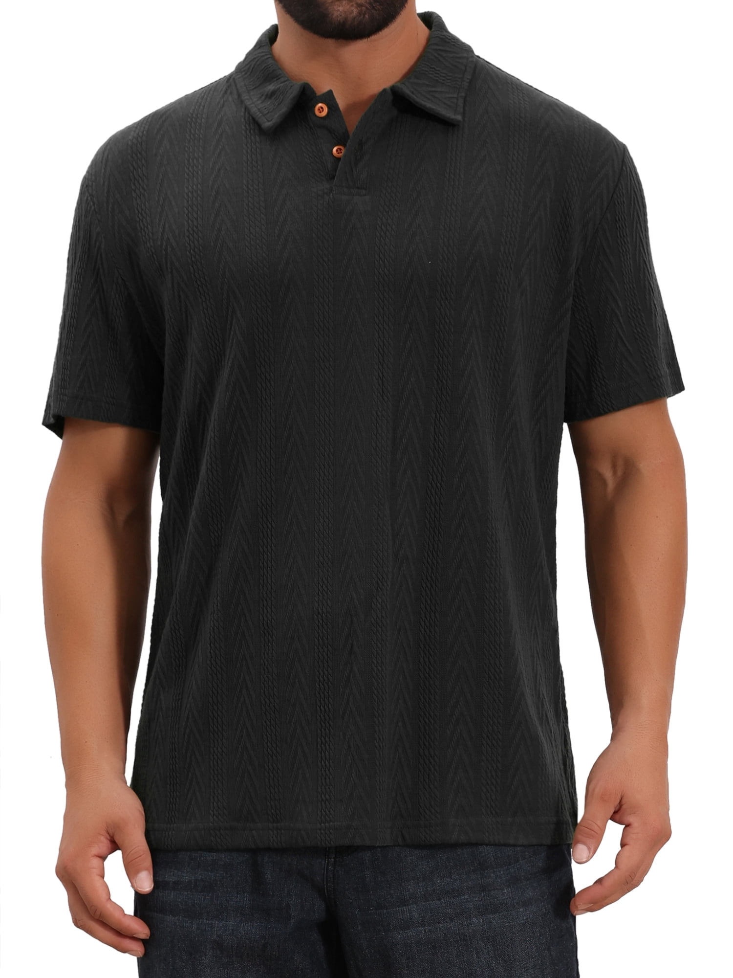 DARING DIVA Men's Jacquard Short Sleeve Button Down Collared Polo Shirts L Black