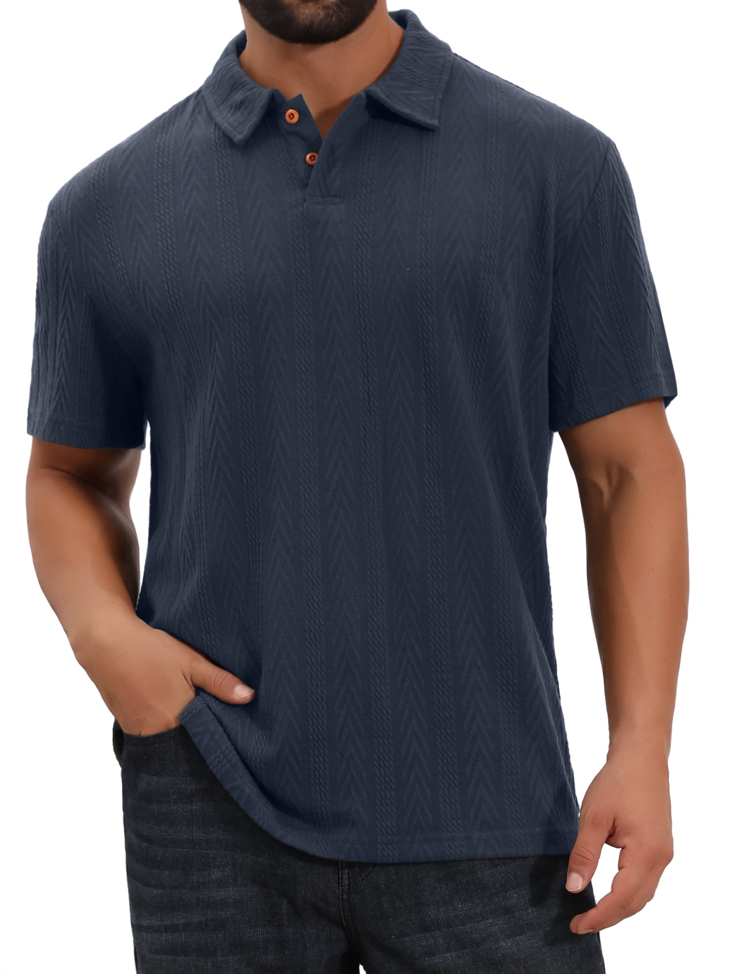 DARING DIVA Men's Jacquard Short Sleeve Button Down Collared Polo Shirts L Dark Blue