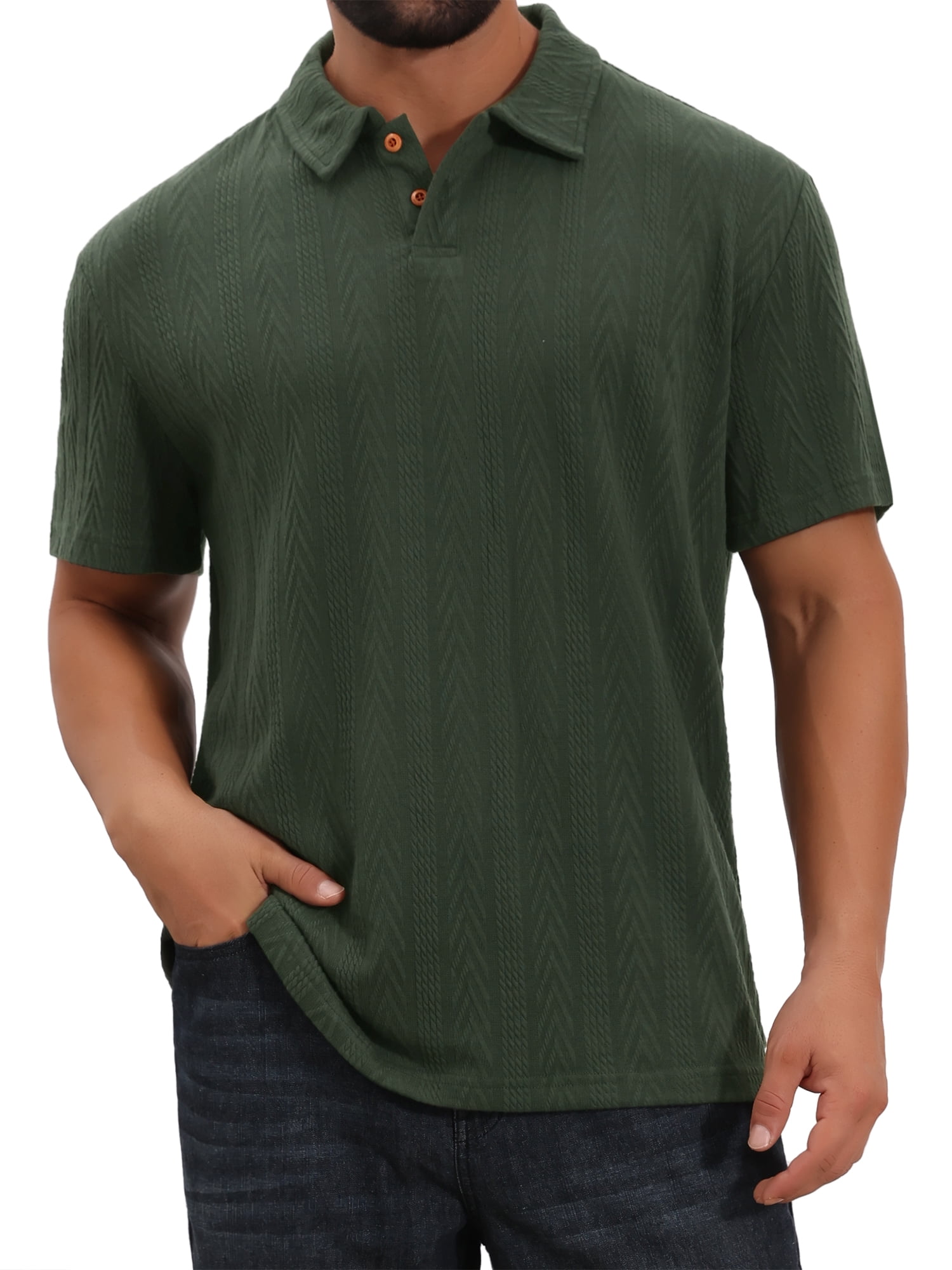 DARING DIVA Men's Jacquard Short Sleeve Button Down Collared Polo Shirts M Green