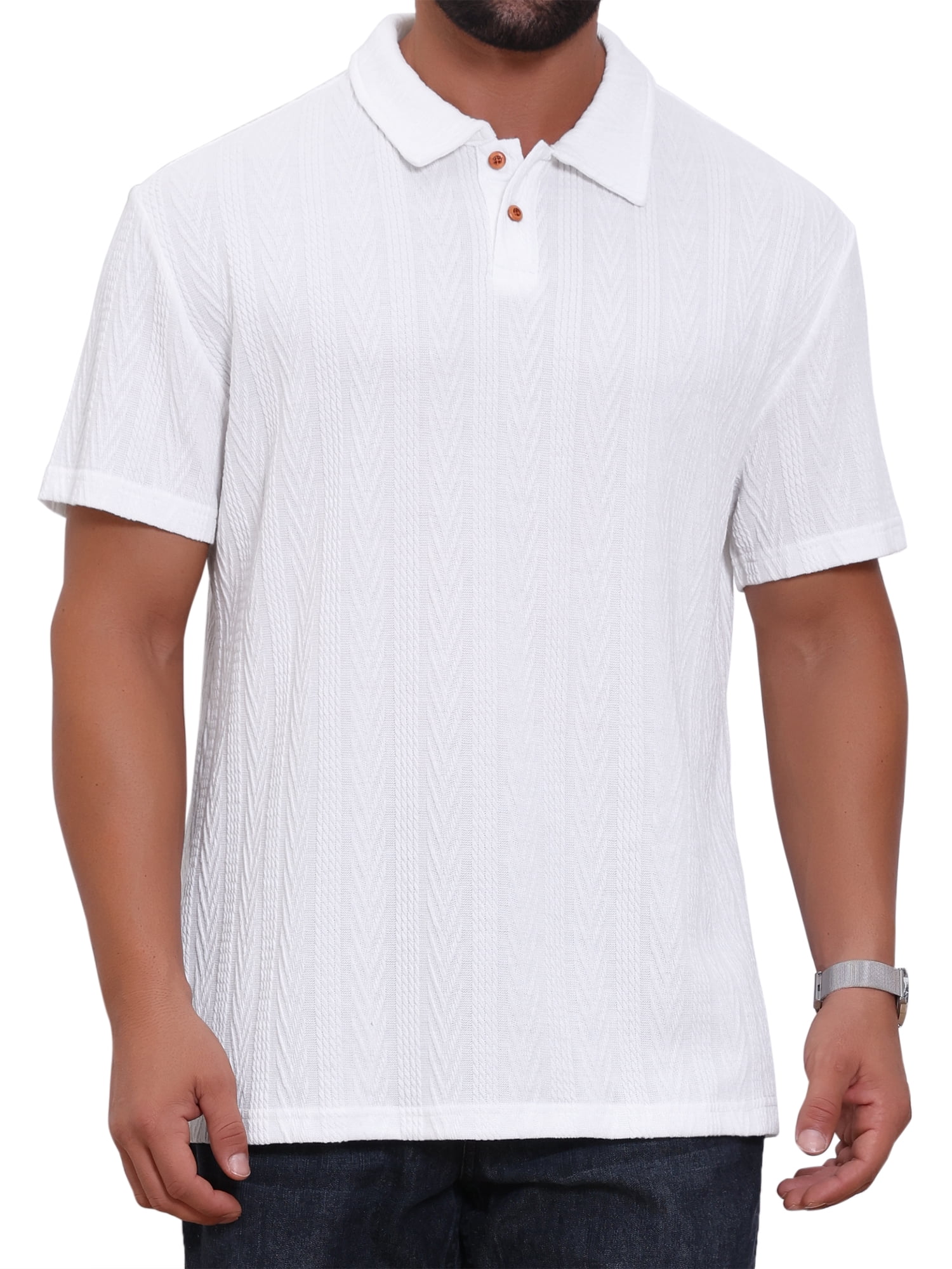 DARING DIVA Men's Jacquard Short Sleeve Button Down Collared Polo Shirts M White