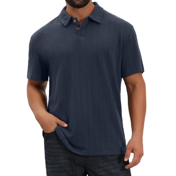 DARING DIVA Men's Jacquard Short Sleeve Button Down Collared Polo Shirts S Dark Blue