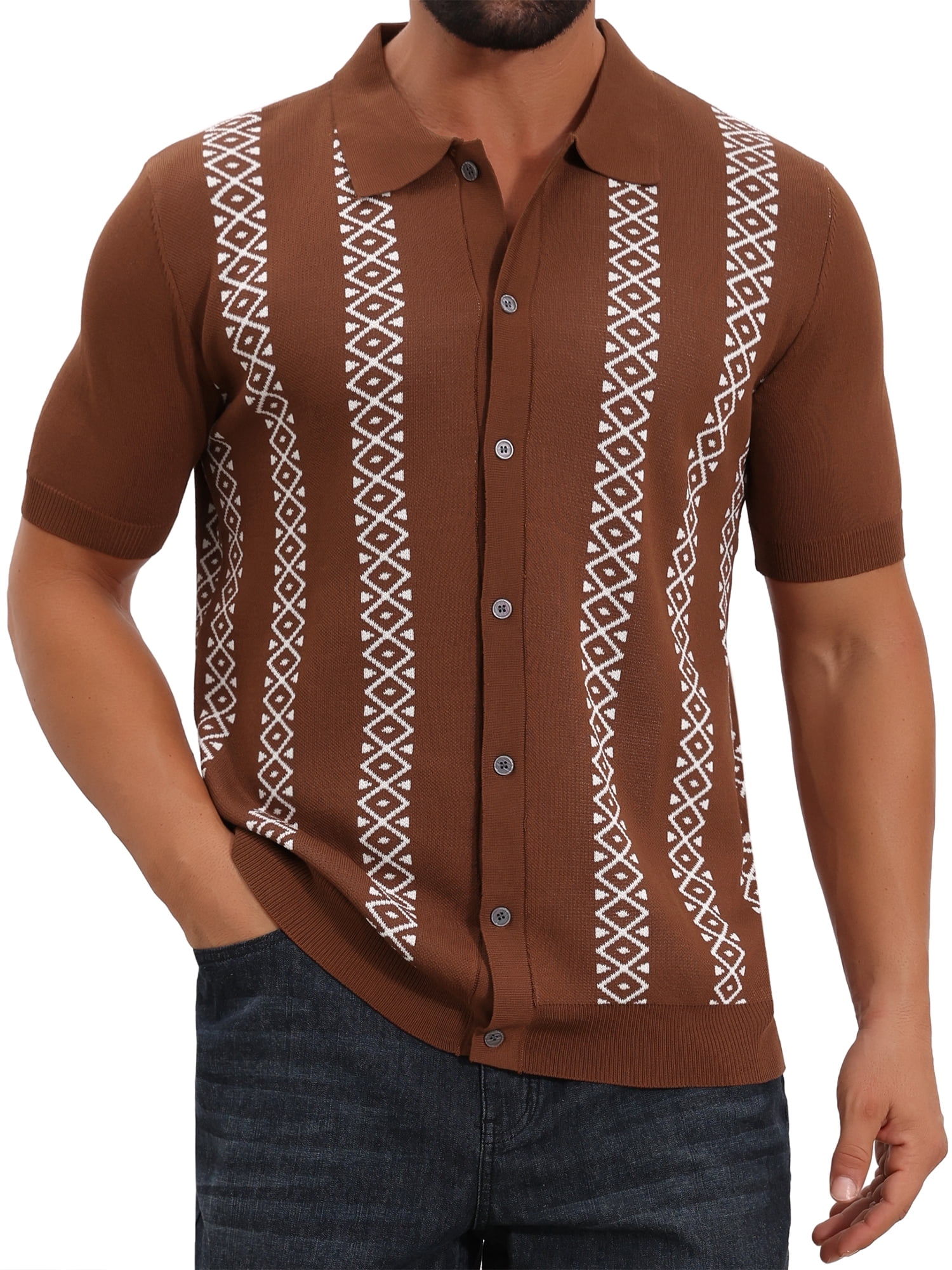 DARING DIVA Men's Jacquard Short Sleeve Button Down Knitted Golf Polo Shirts L Brown