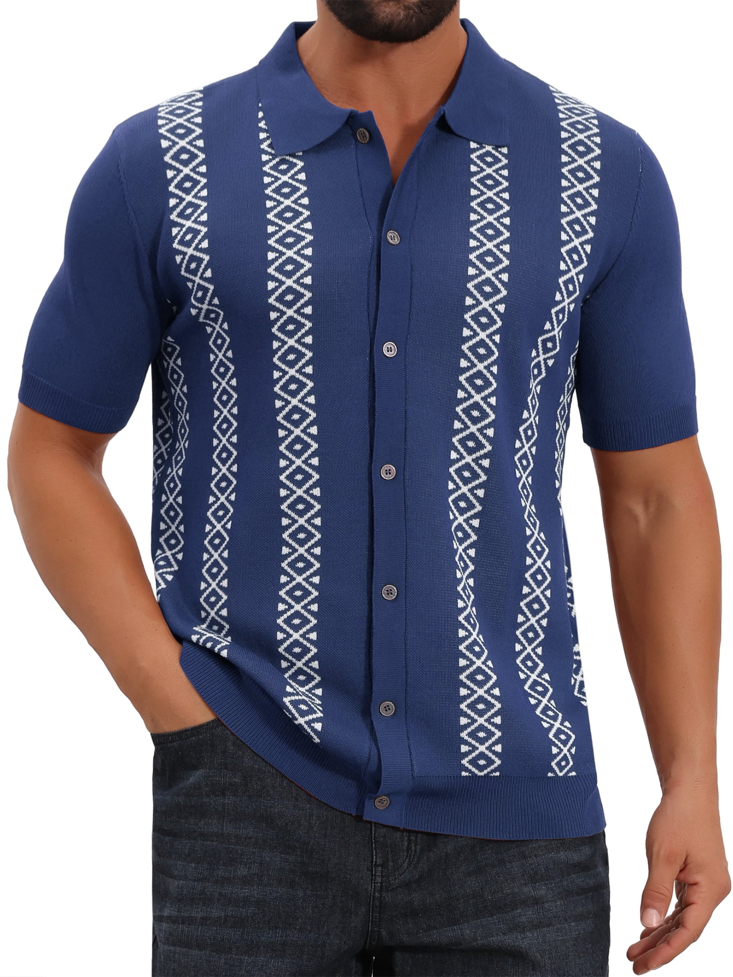 DARING DIVA Men's Jacquard Short Sleeve Button Down Knitted Golf Polo Shirts L Navy Blue