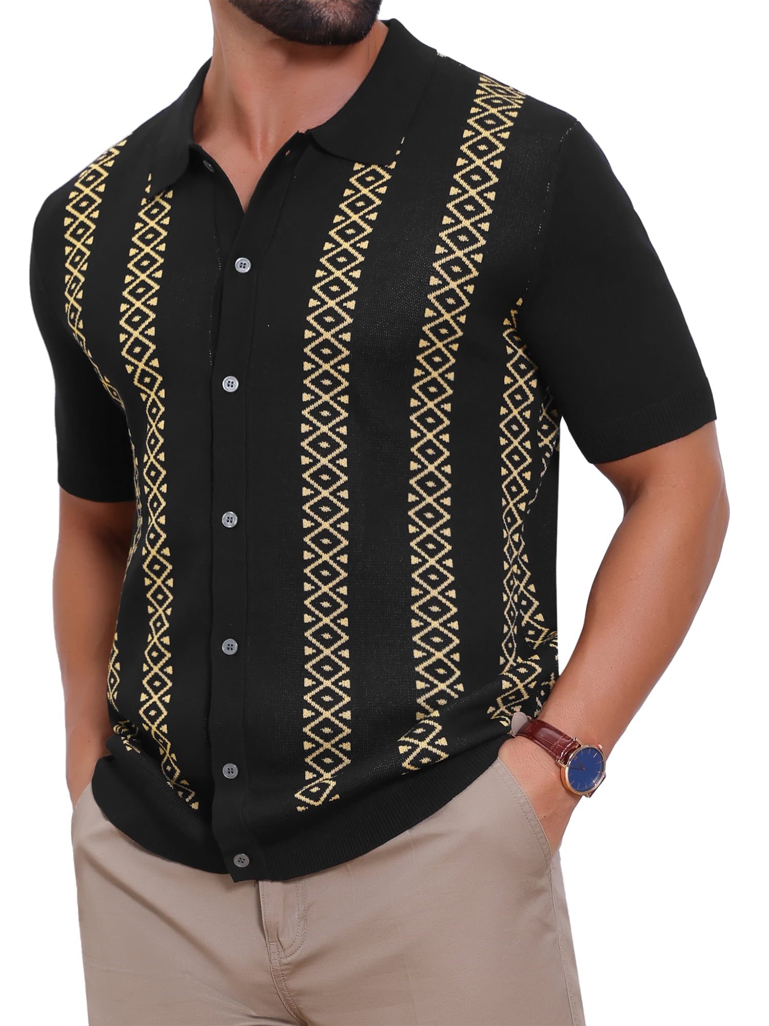 DARING DIVA Men's Jacquard Short Sleeve Button Down Knitted Golf Polo Shirts M Black