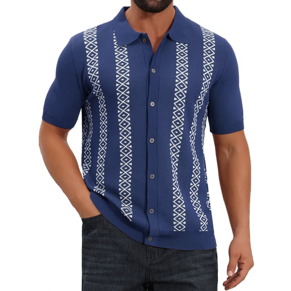 DARING DIVA Men's Jacquard Short Sleeve Button Down Knitted Golf Polo Shirts S Navy Blue