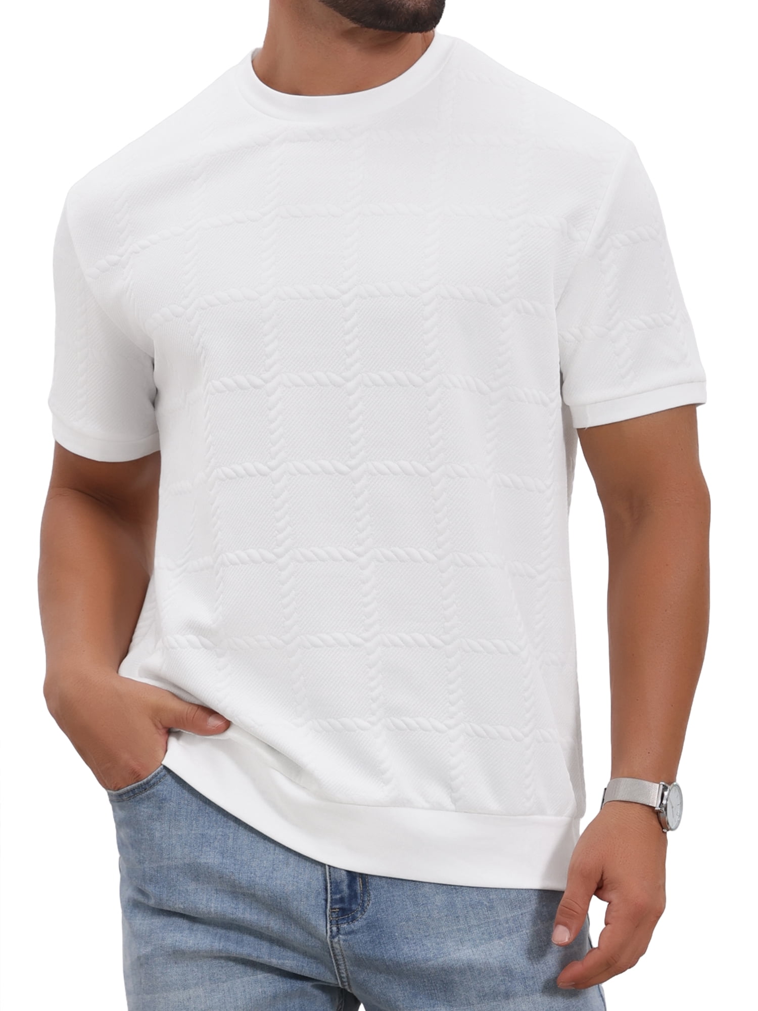 DARING DIVA Men's Jacquard Texture Crew Neck Short Sleeve Knitted T-Shirt 2XL White