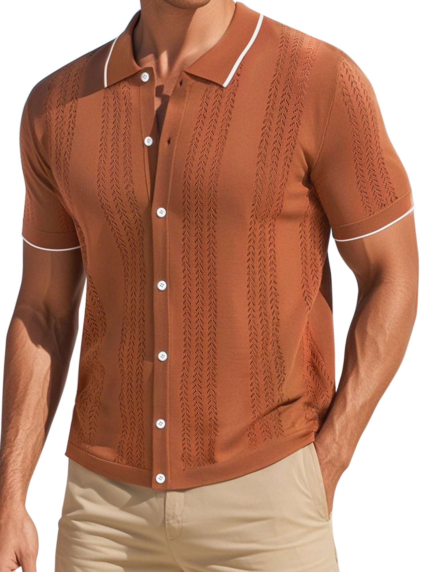 DARING DIVA Men's Knit Button Down Casual Collared Vintage Short Sleeve Polo Shirt L Brown