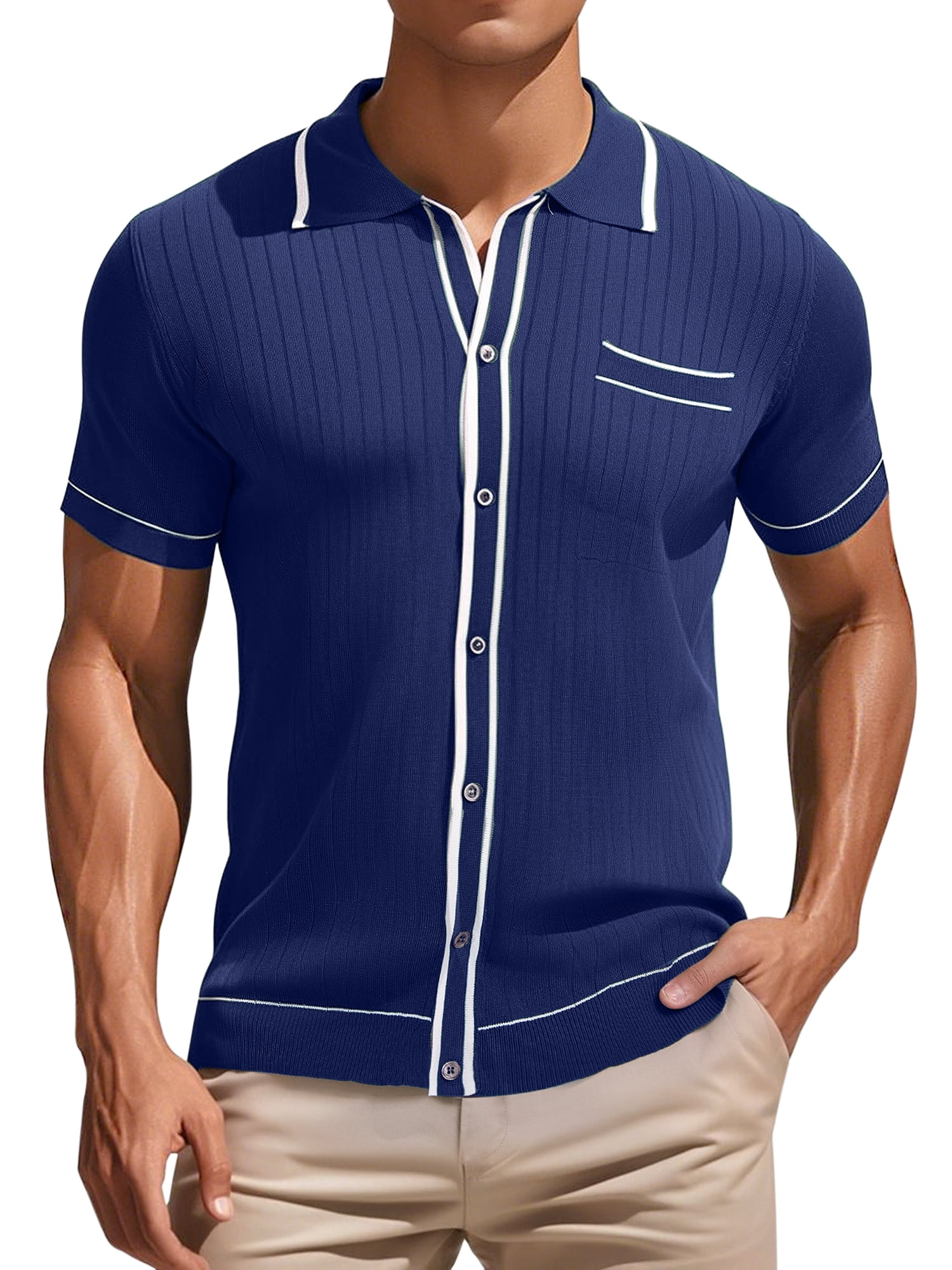 DARING DIVA Men's Knit Button Down Casual Vintage Short Sleeve Polo Shirt M Dark Blue