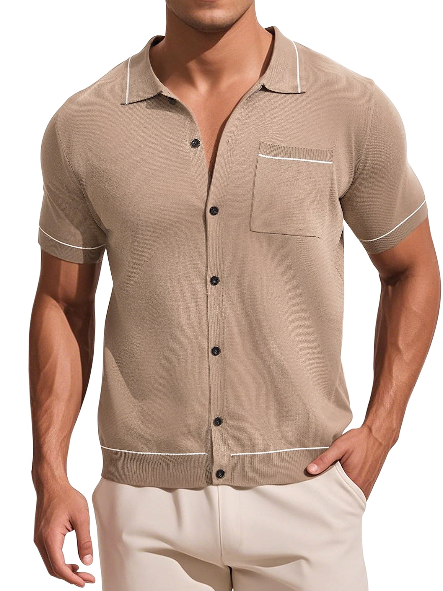 DARING DIVA Men's Knit Button Down Casual Vintage Short Sleeve Polo Shirt XXL Deep Khaki