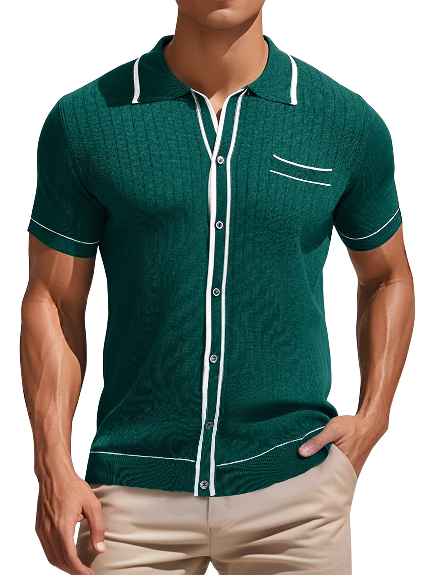 DARING DIVA Men's Knit Button Down Casual Vintage Short Sleeve Polo Shirt XXL Green