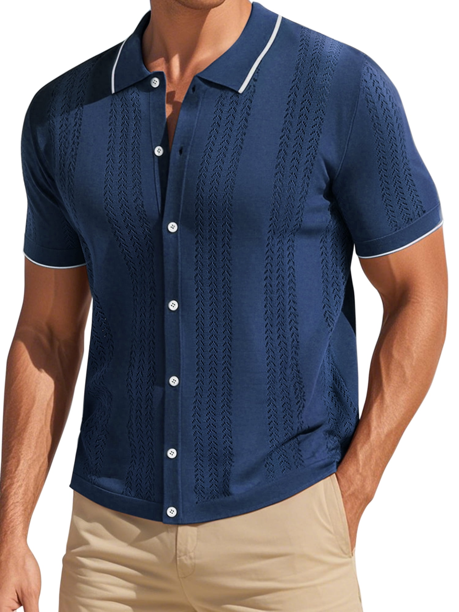 DARING DIVA Men's Knit Button Down Casual Vintage Short Sleeve Polo Shirt XXL Navy