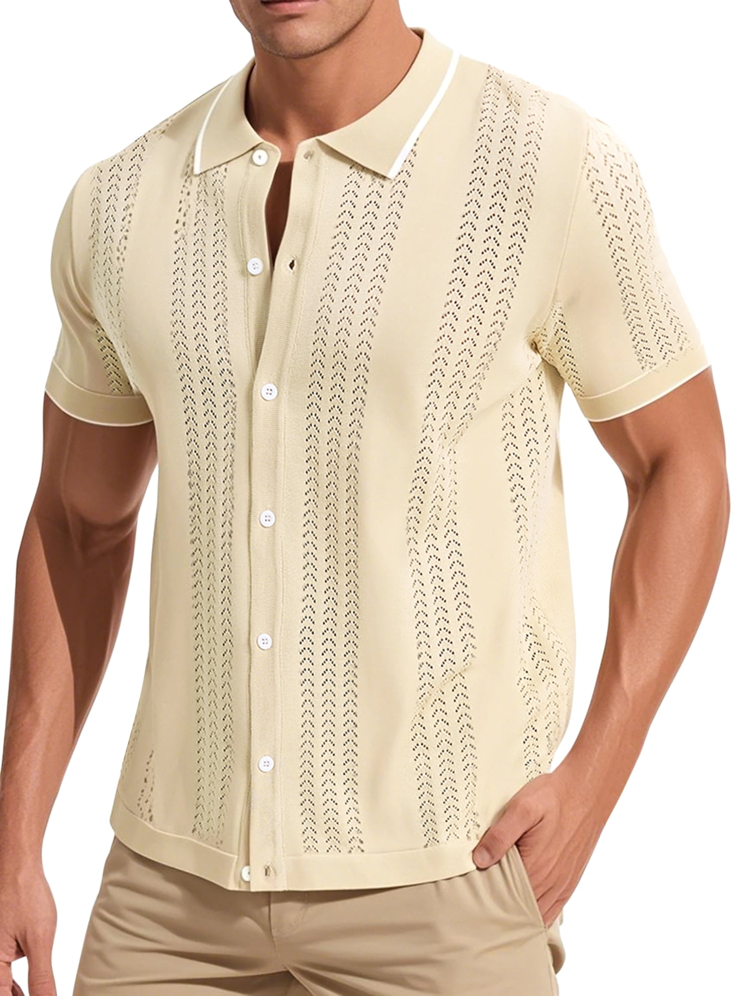 DARING DIVA Men's Knit Button Down Casual Vintage Short Sleeve Polo Shirt XXL khaki