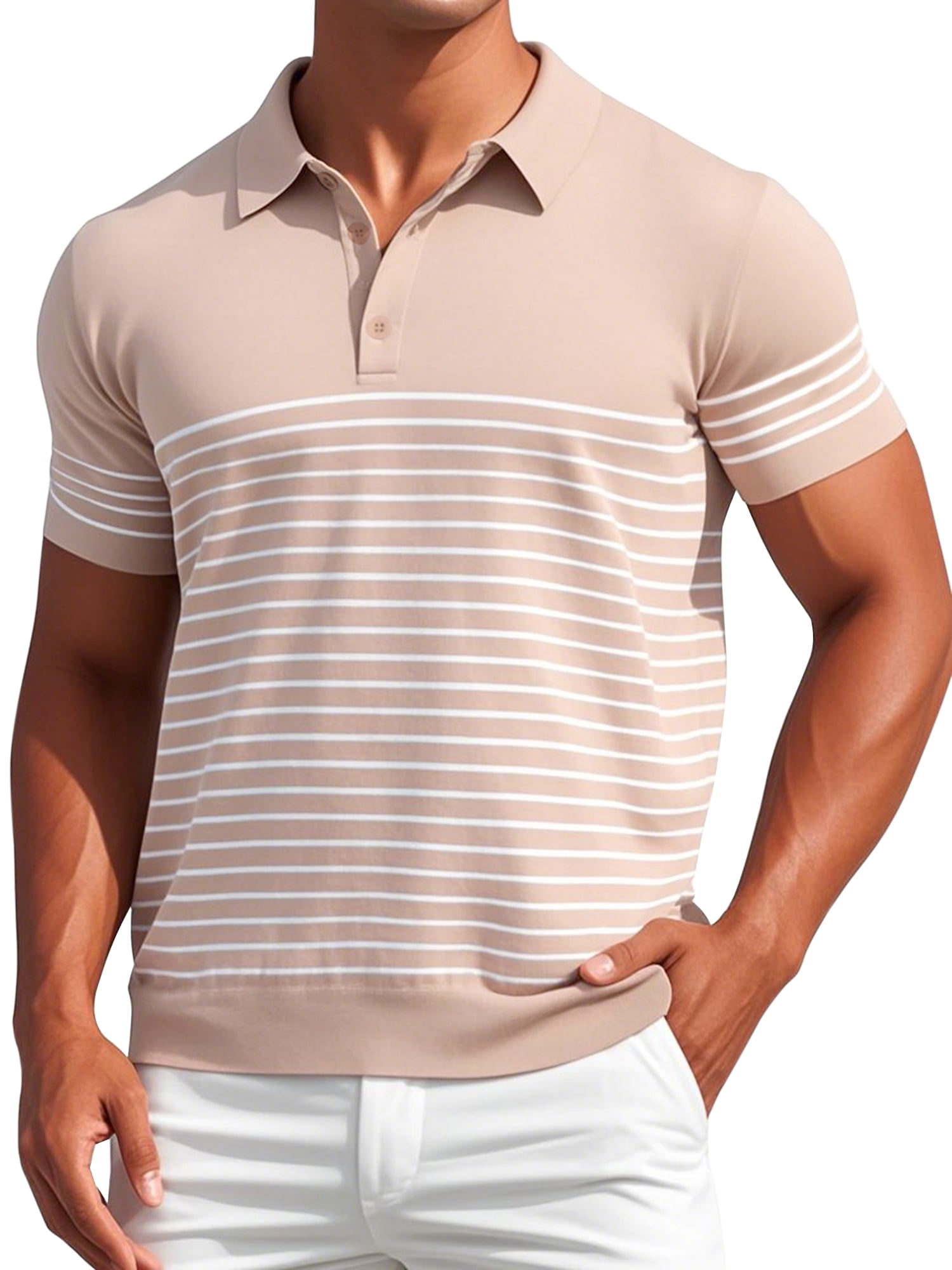 DARING DIVA Men's Knit Polo Short Sleeve Striped Golf Casual Collared T Shirt 2XL Pink