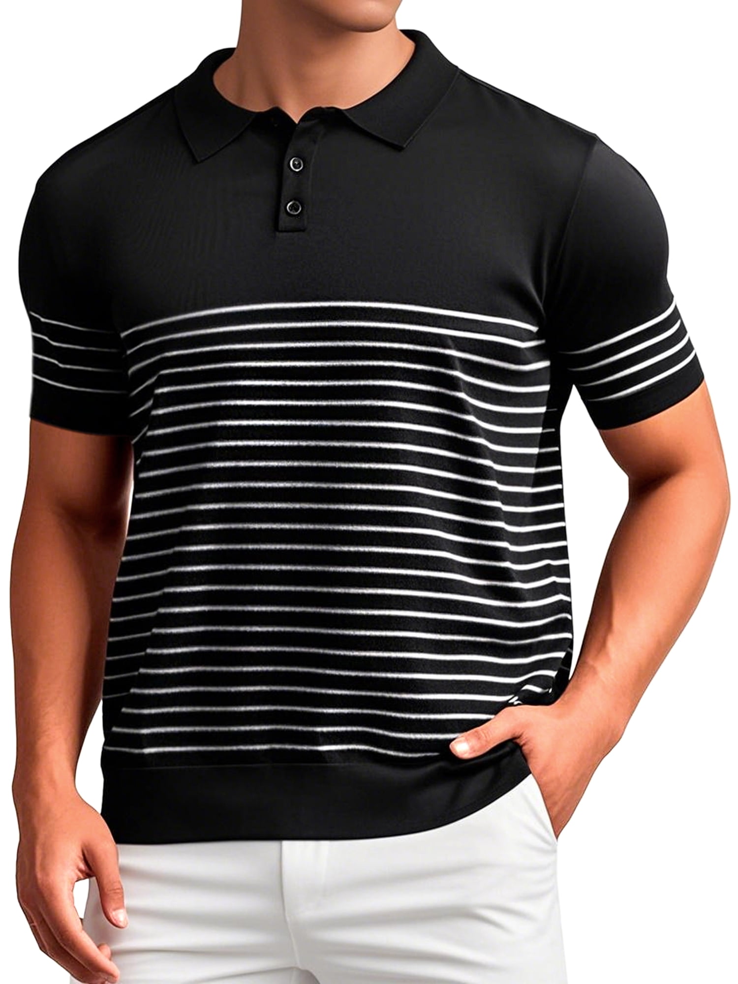 DARING DIVA Men's Knit Polo Short Sleeve Striped Golf Casual Collared T Shirt M Black