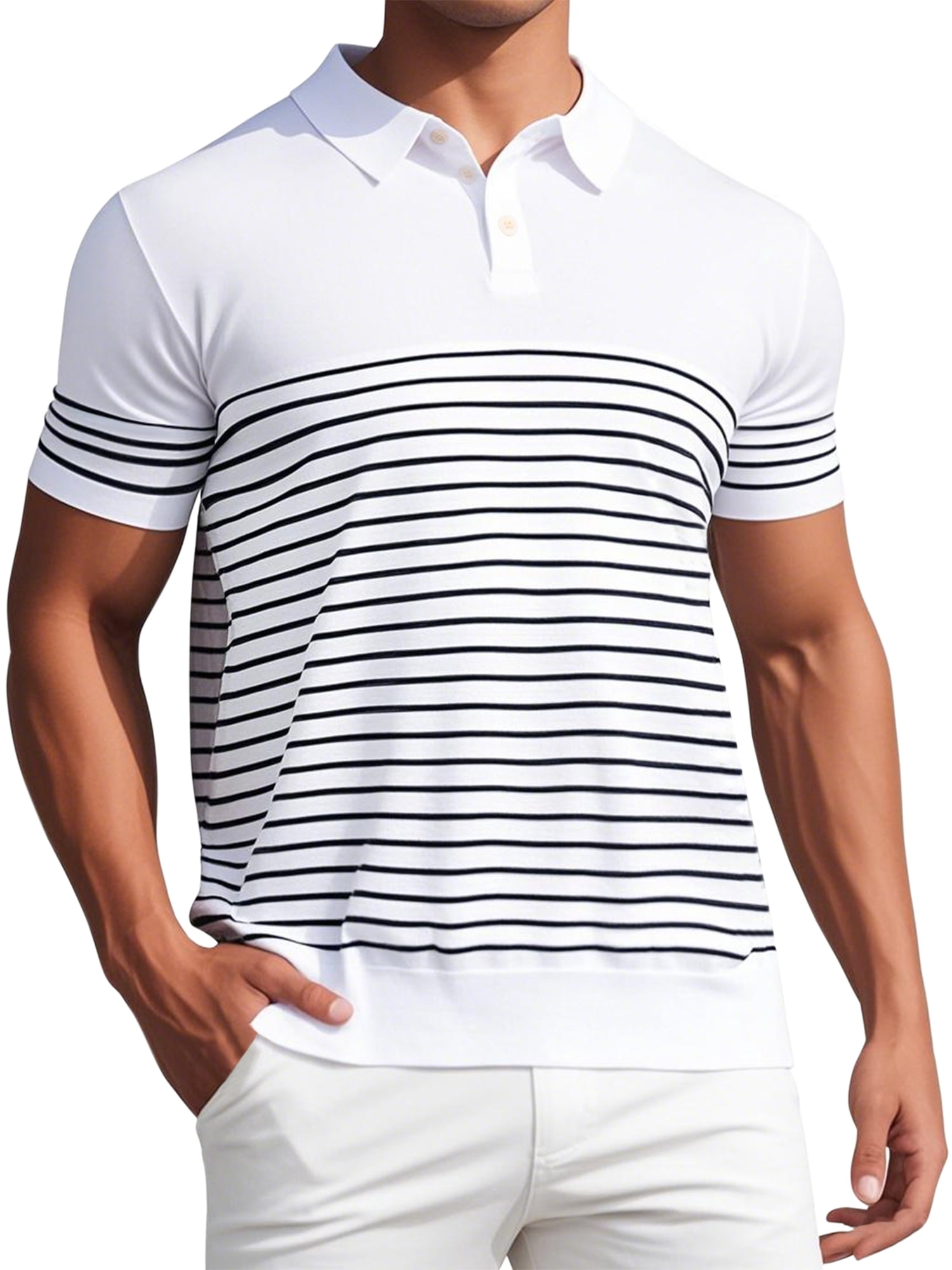 DARING DIVA Men's Knit Polo Short Sleeve Striped Golf Casual Collared T Shirt M White