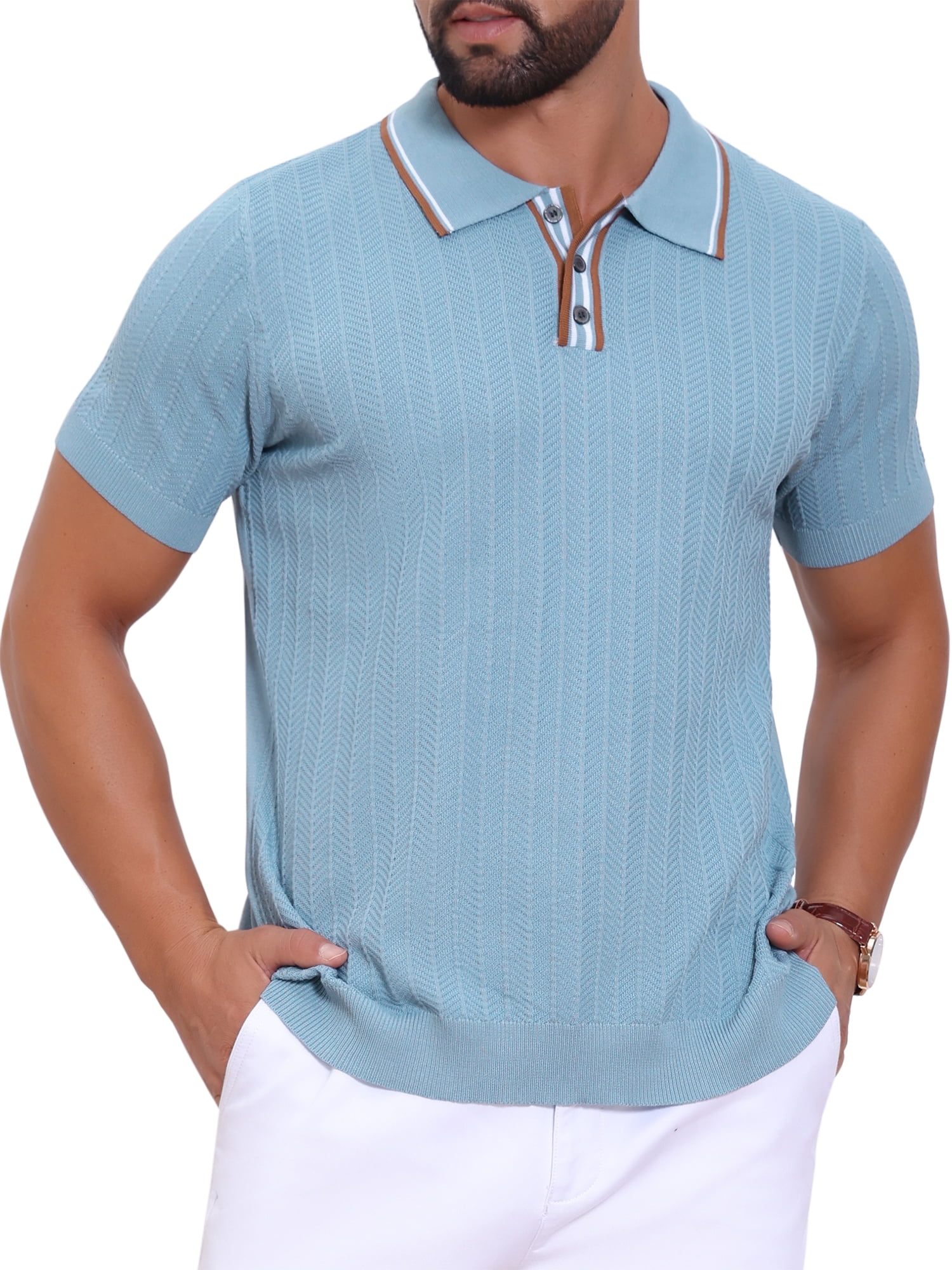 DARING DIVA Men's Knitted Ribbed Hem Short Sleeve Textured Golf Shirts S Light Blue