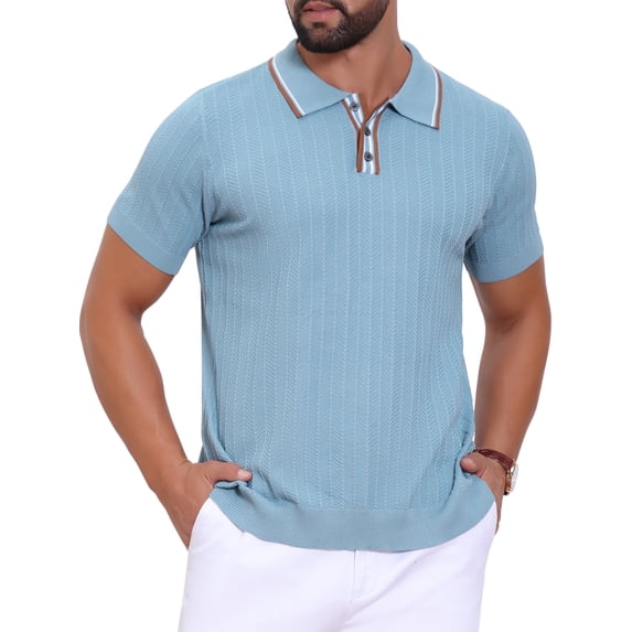 DARING DIVA Men's Knitted Ribbed Hem Short Sleeve Textured Golf Shirts S Light Blue