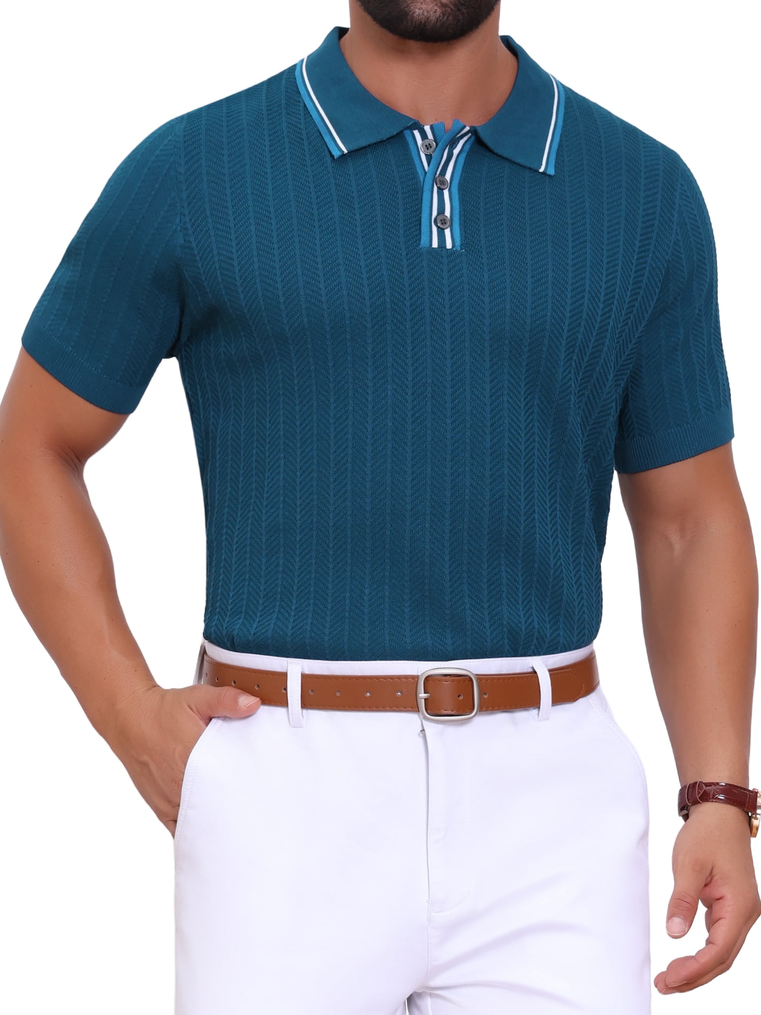 DARING DIVA Men's Knitted Ribbed Hem Short Sleeve Textured Golf Shirts S Royal Blue