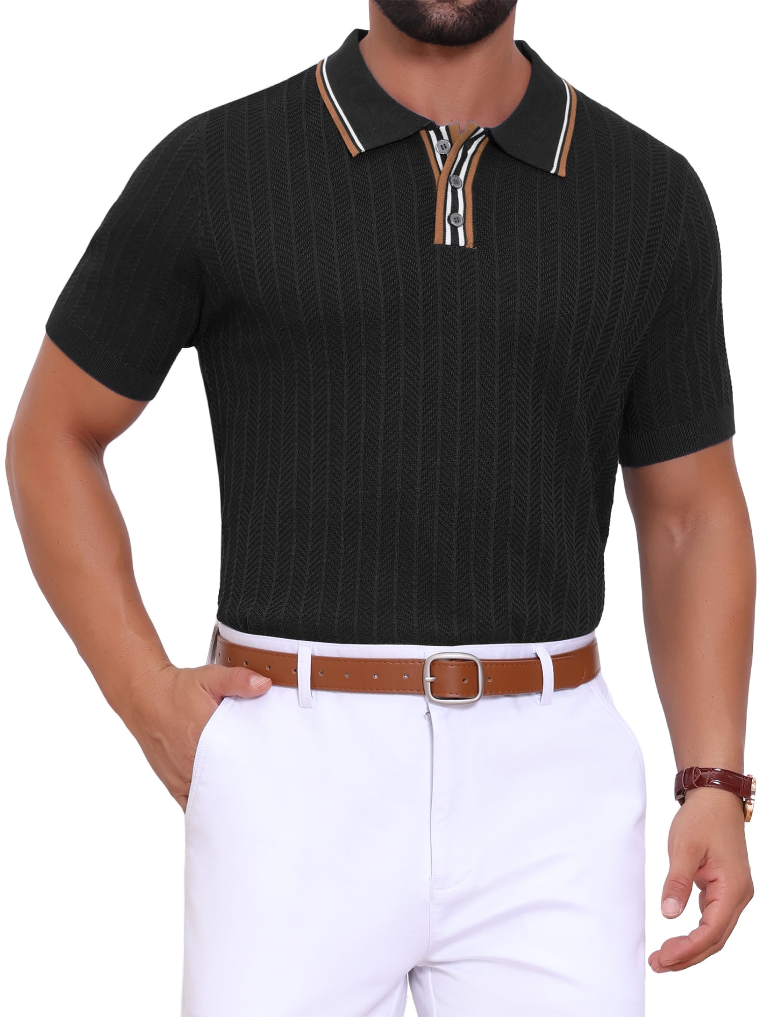 DARING DIVA Men's Knitted Ribbed Hem Short Sleeve Textured Golf Shirts XL Black