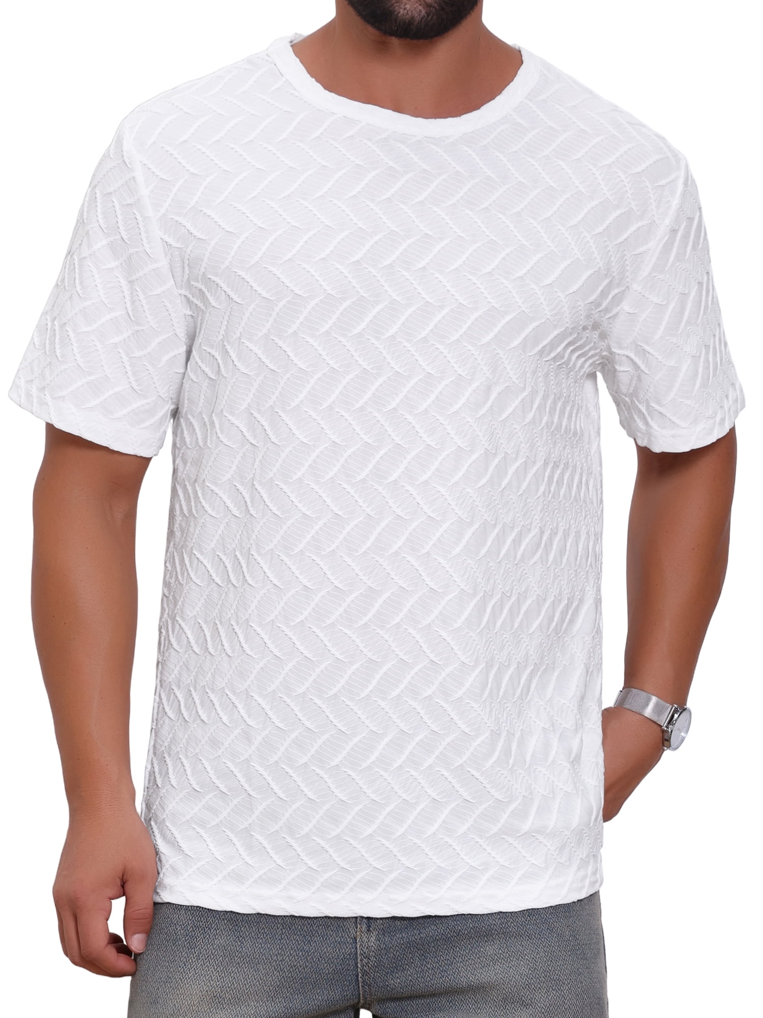 DARING DIVA Men's Knitted T-Shirts Short Sleeve Crew Neck Jacquard T-Shirt L White