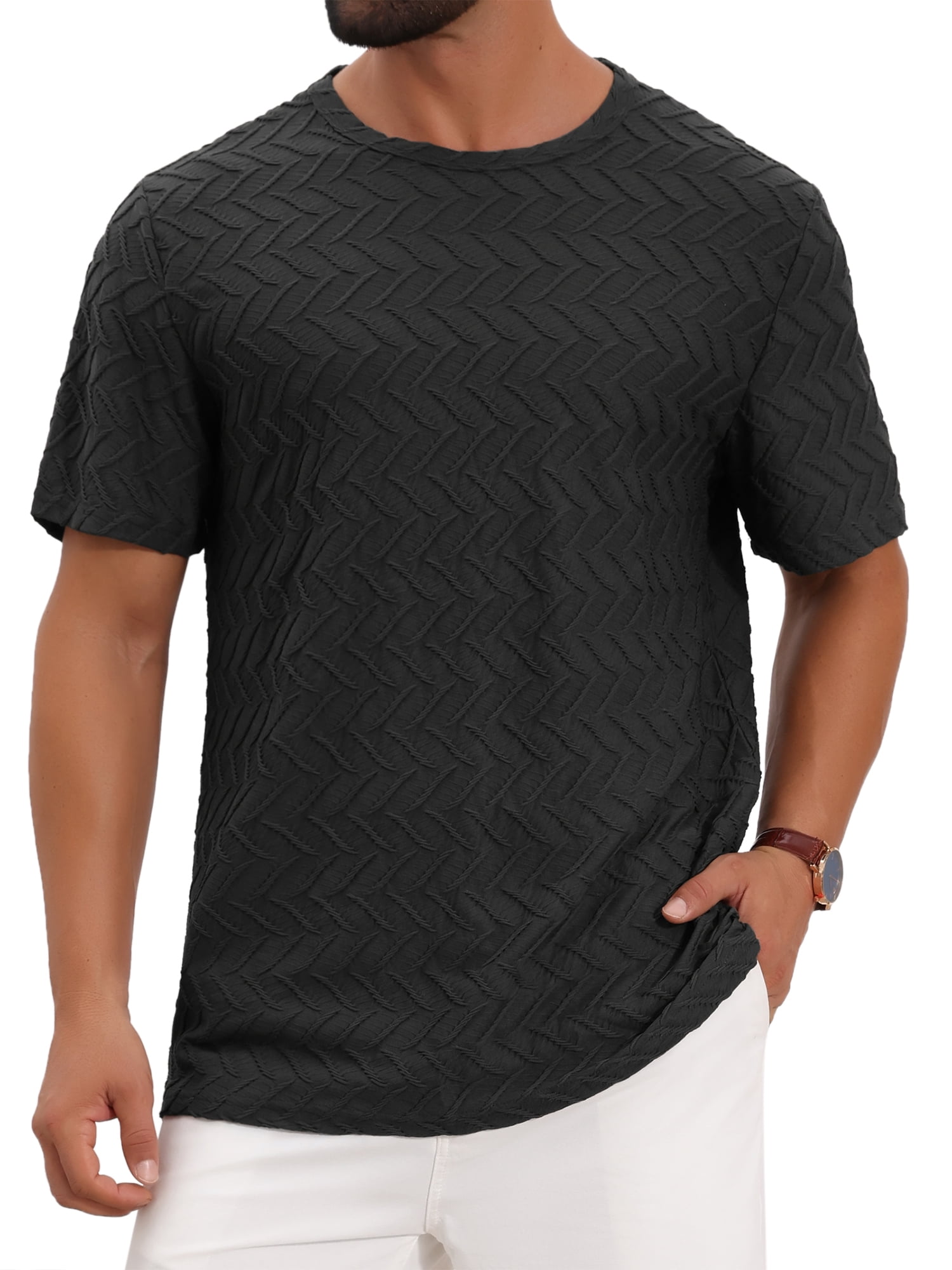 DARING DIVA Men's Knitted T-Shirts Short Sleeve Crew Neck Jacquard T-Shirt S Black