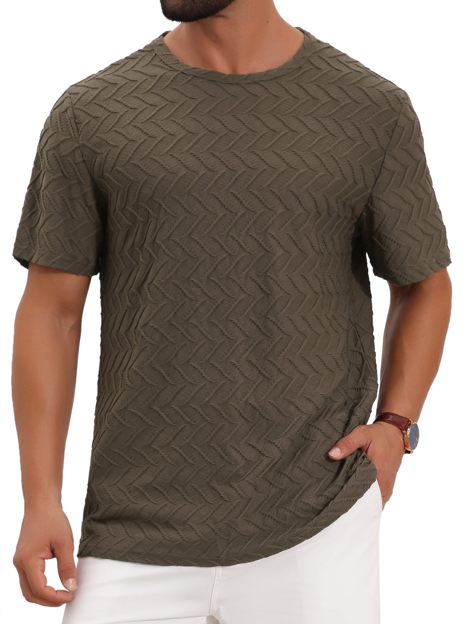 DARING DIVA Men's Knitted T-Shirts Short Sleeve Crew Neck Jacquard T-Shirt S Brown