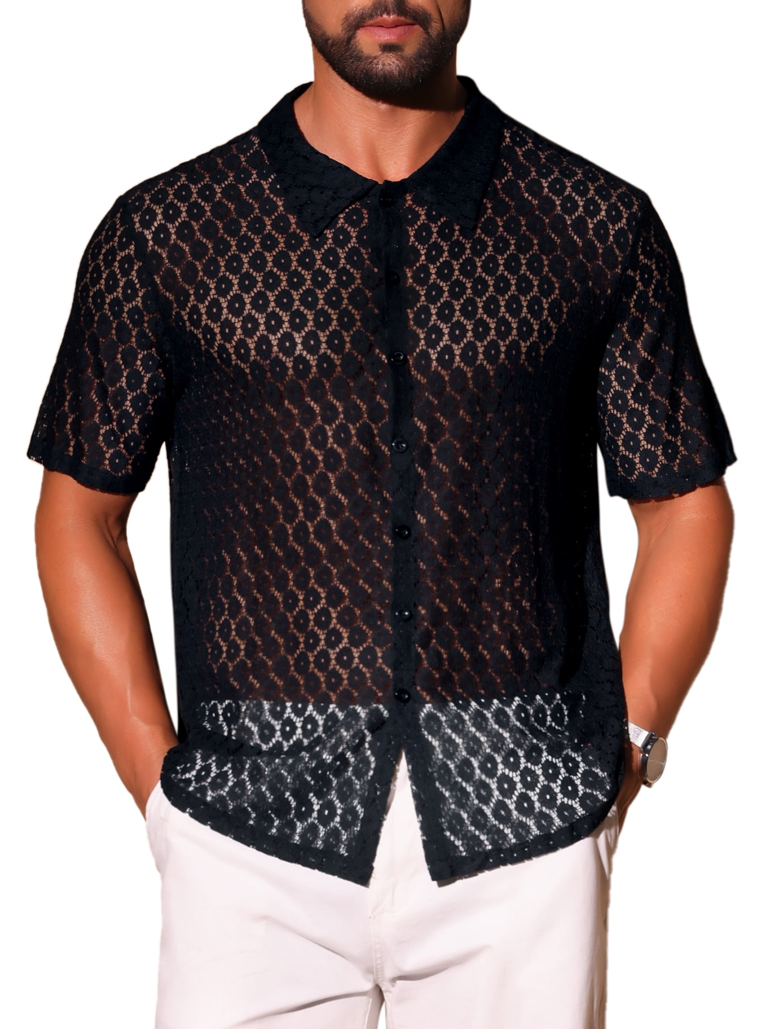 DARING DIVA Men's Sheer Hollow Lace Button Down Disco Party Shirt M Black