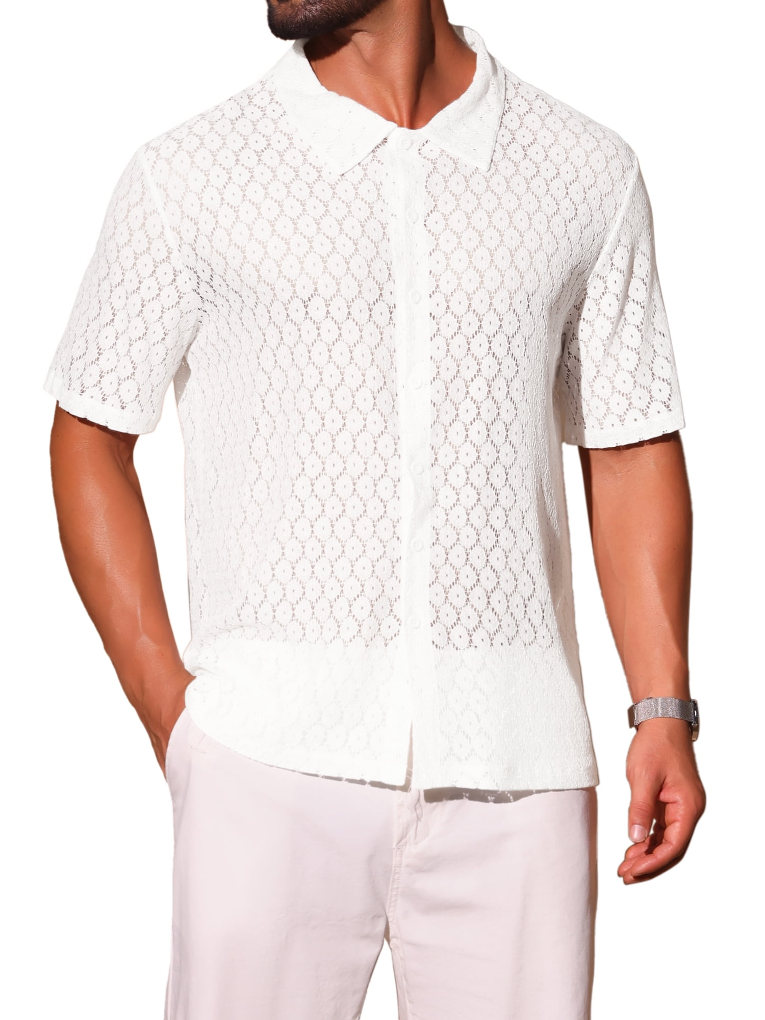DARING DIVA Men's Sheer Hollow Lace Button Down Disco Party Shirt S White