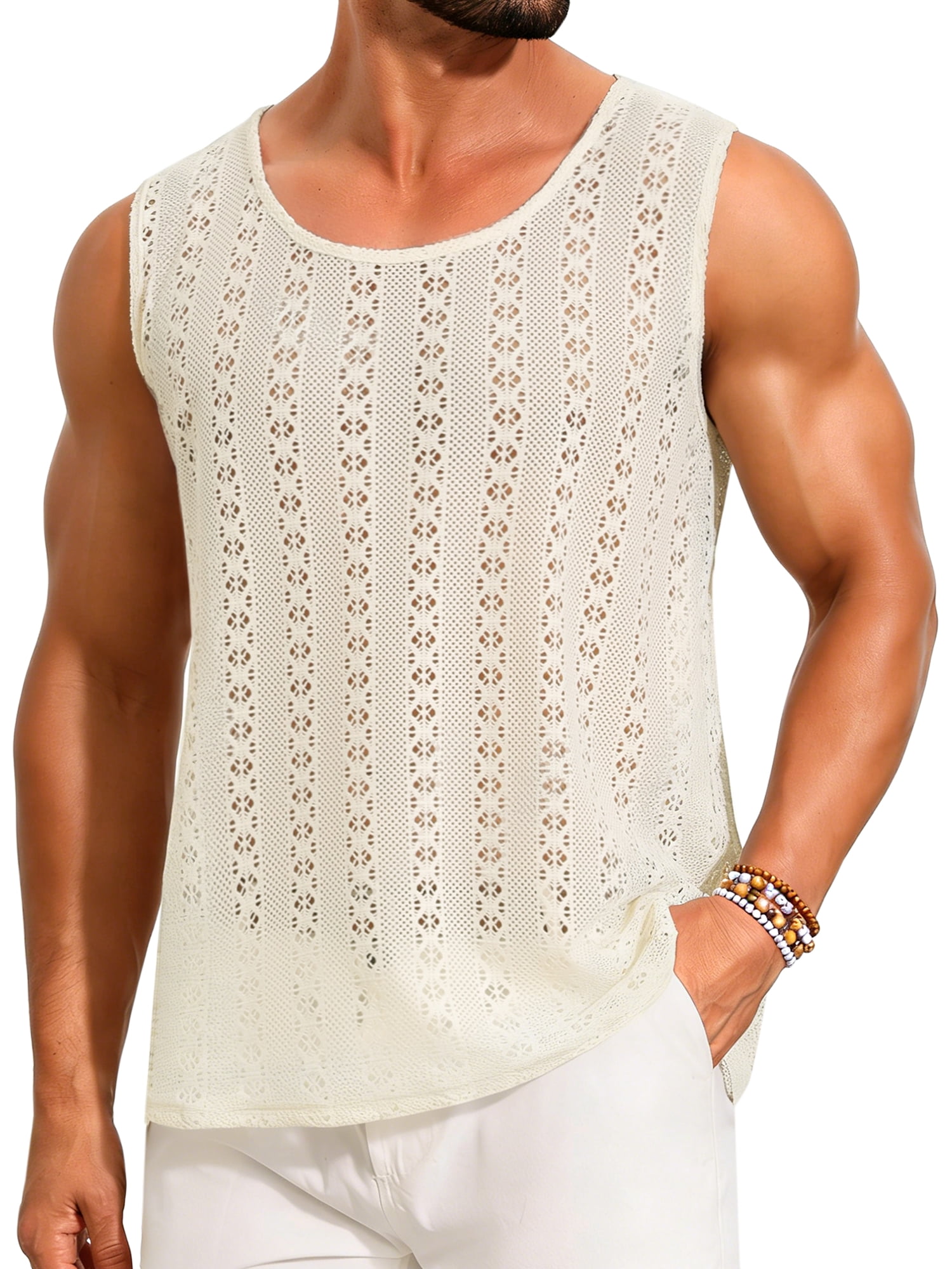 DARING DIVA Men's Lightweight Breathable Crew Neck Sleeveless Sheer Vest 2XL Light Beige