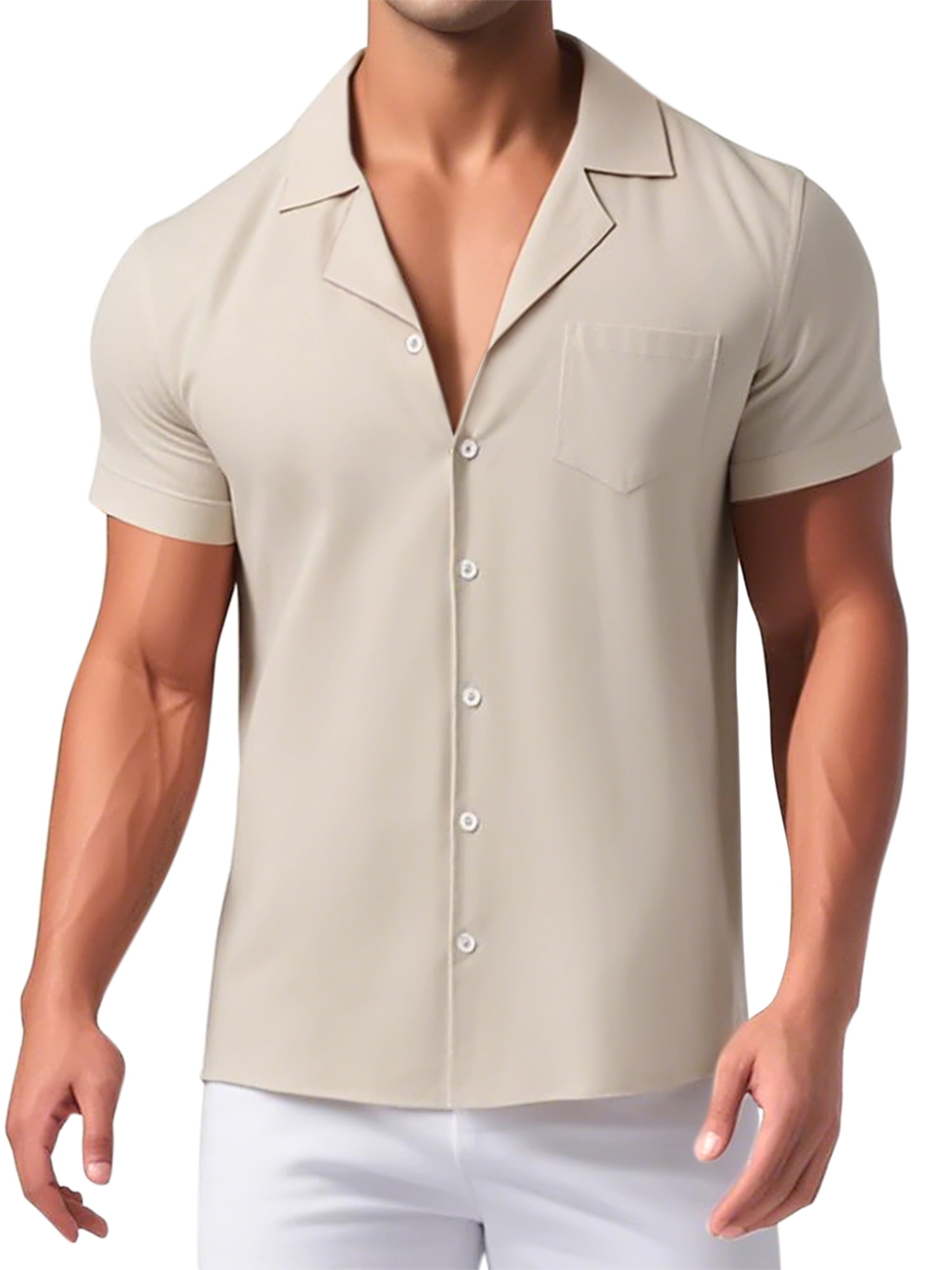 DARING DIVA Men's Linen Camp Collar Short Sleeve Button Down Beach Shirts S Khaki