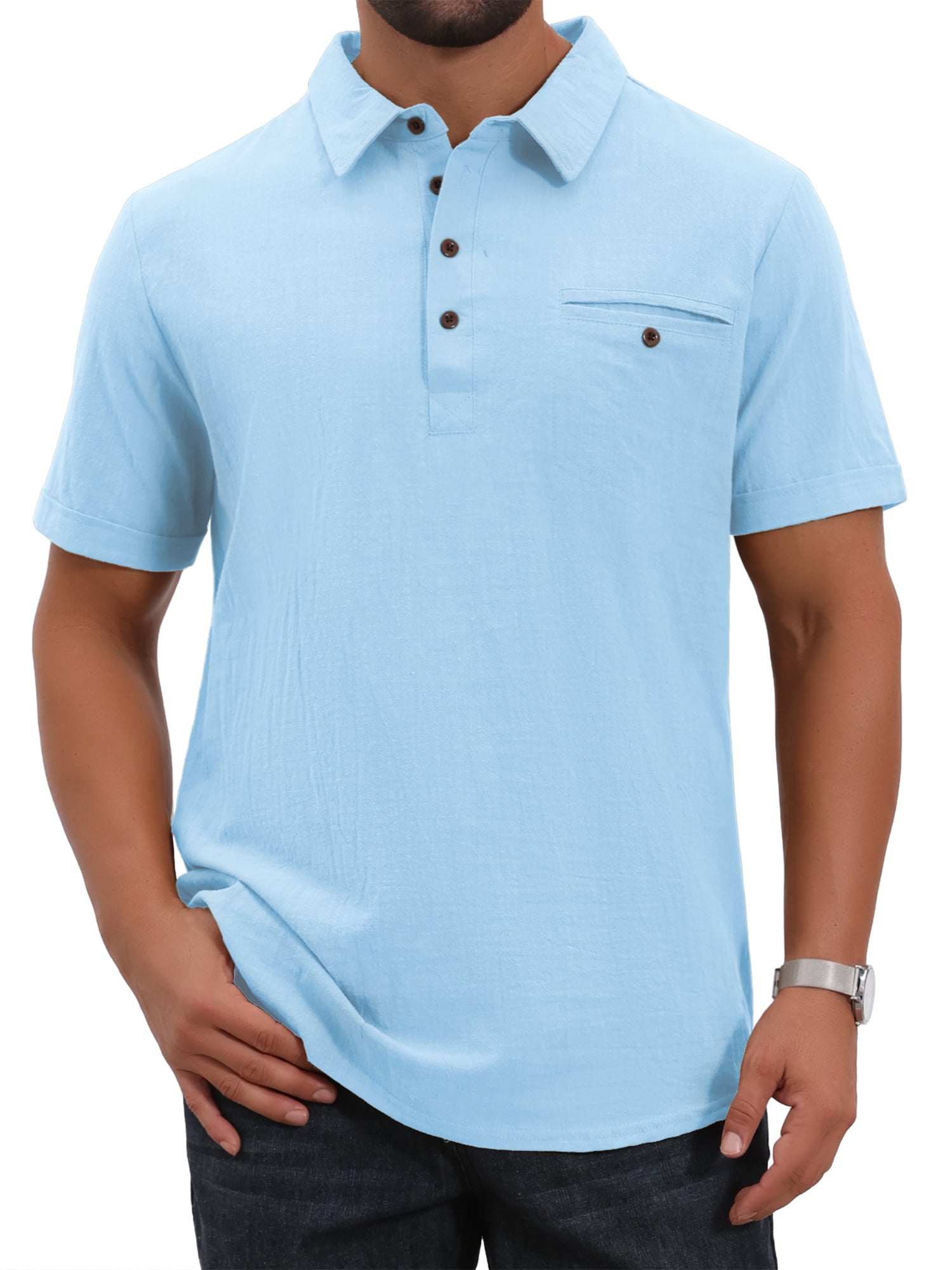 DARING DIVA Men's Linen Chest Pocket Short Sleeve Casual Hawaiian Shirts L Light Blue