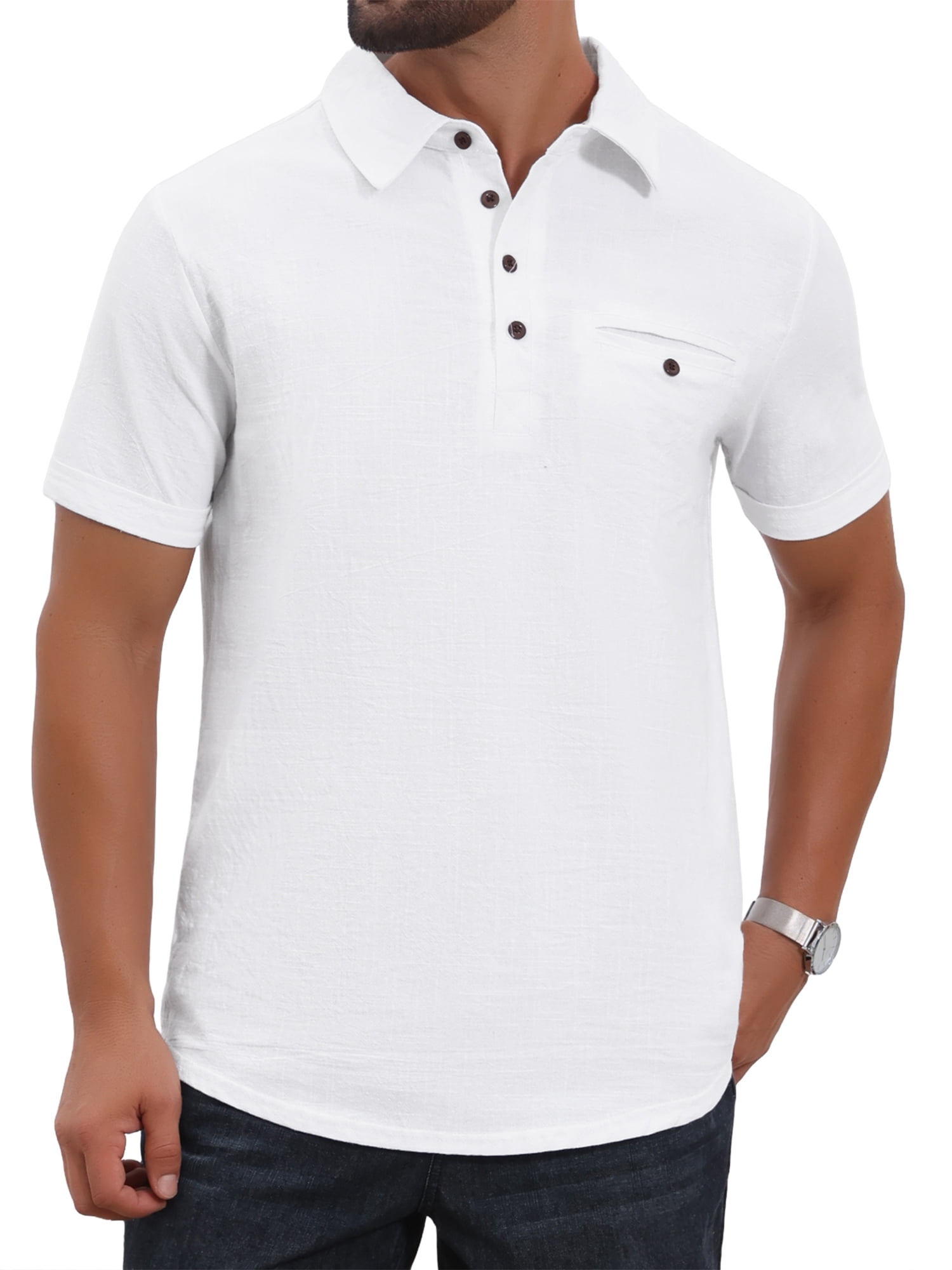 DARING DIVA Men's Linen Chest Pocket Short Sleeve Casual Hawaiian Shirts L White