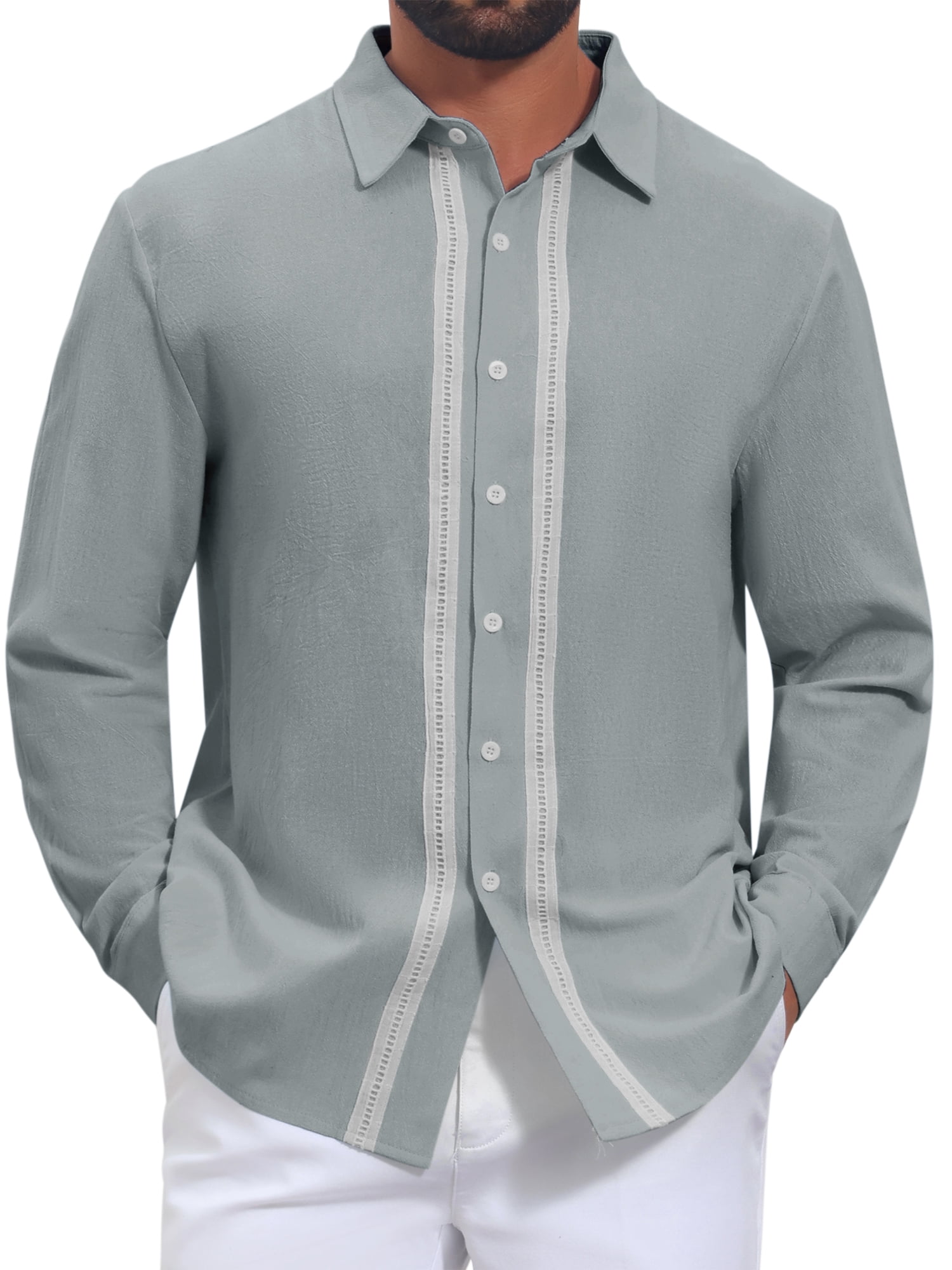 DARING DIVA Men's Linen Color Block Lace Trim Long Sleeve Button Shirt ...